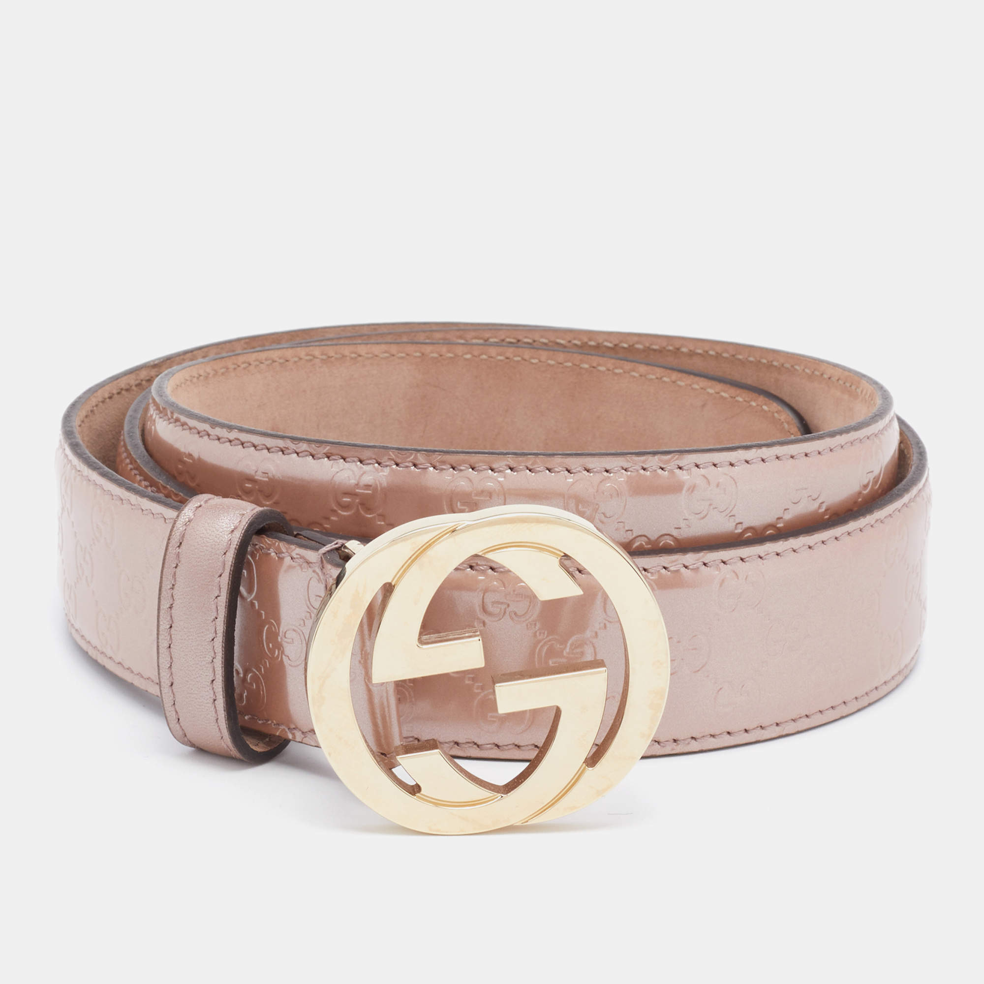 مملوكة مسبقًا Gucci Metallic Beige Micro Guccissima Patent Leather Interlocking G Belt 85 CM