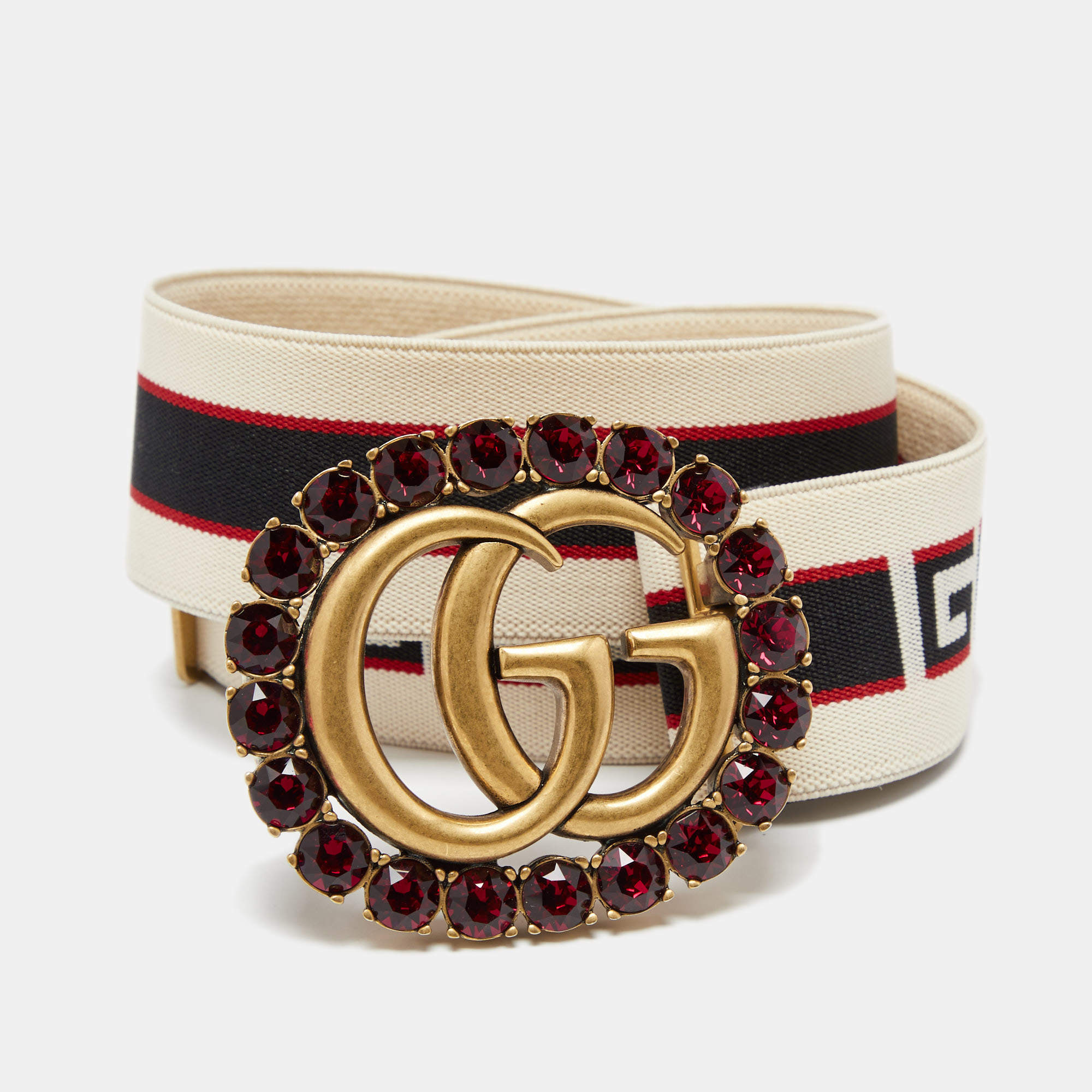 Pre Owned Gucci Tricolor Logo Elastic Canvas Double G Crystals Embellished Belt 85CM