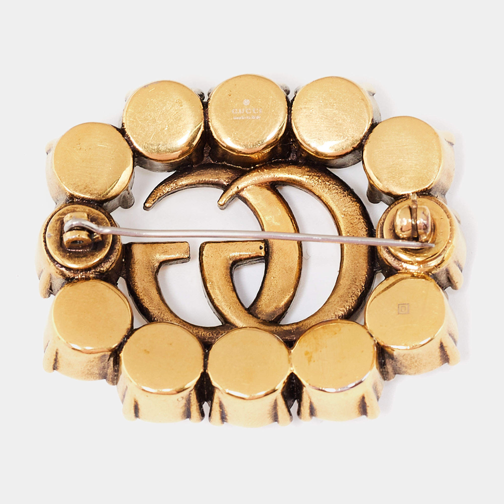 Gucci Crystal Double G Brooch - Gold-Tone Metal Pin, Brooches - GUC362893