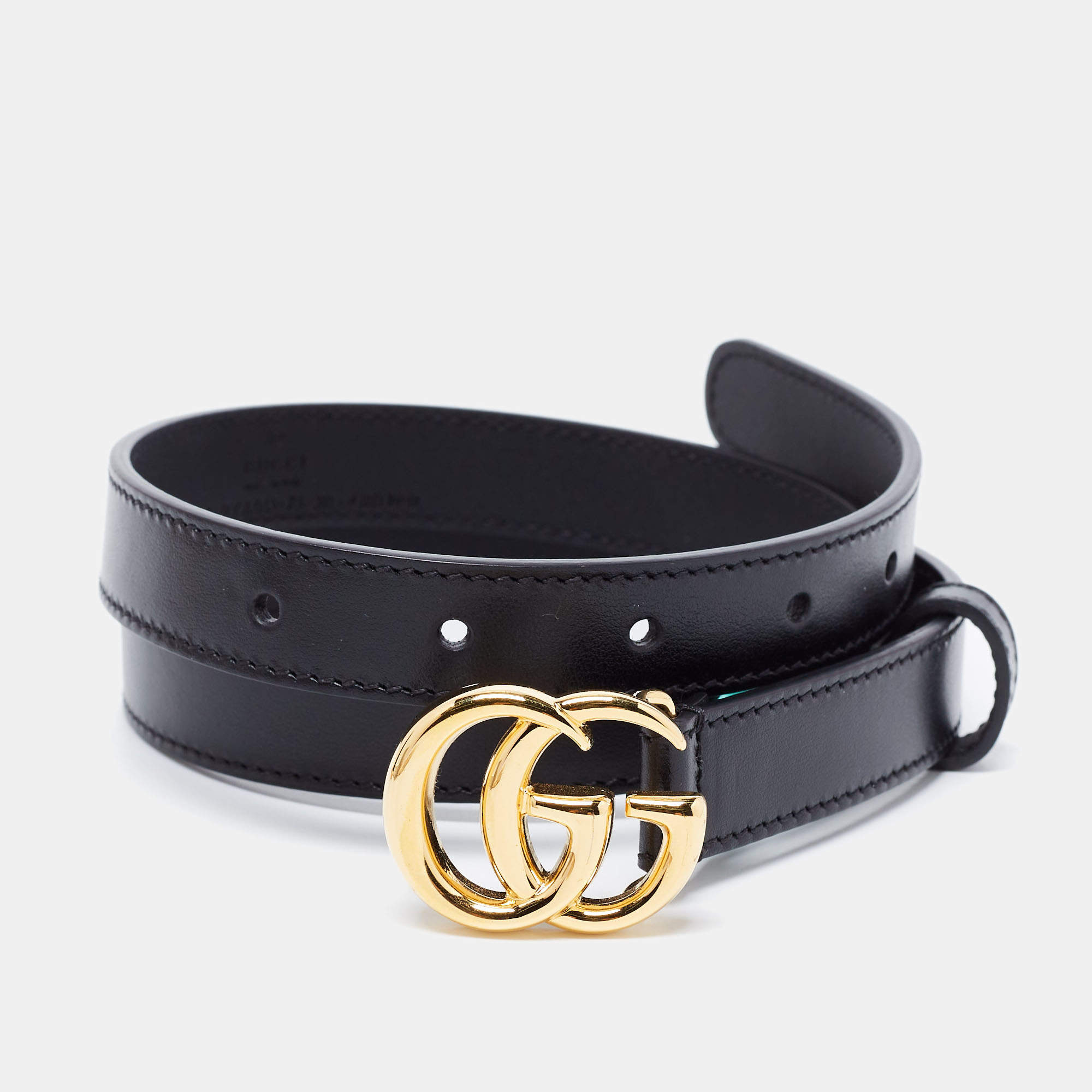 Pre Owned Gucci Black Leather GG Marmont Slim Belt 75CM