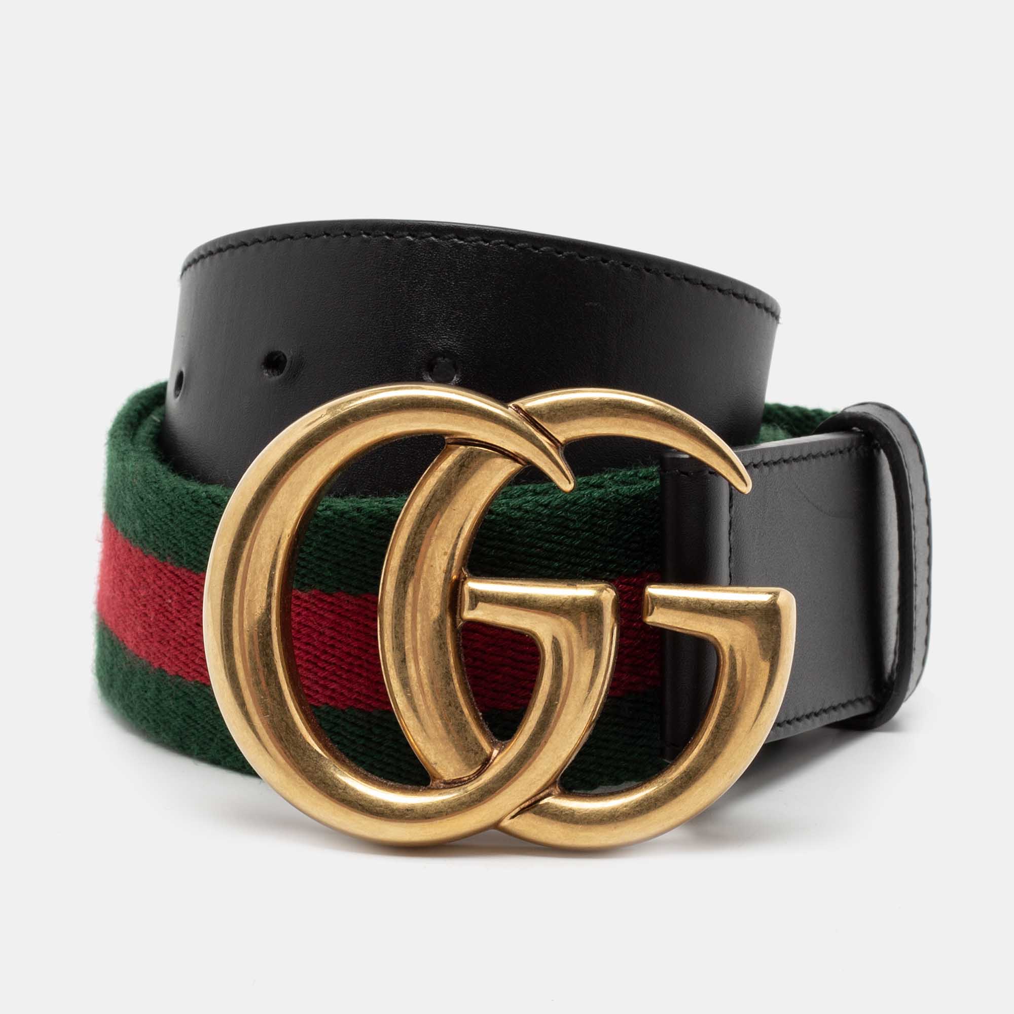 Pre Owned Gucci Black Web Canvas and Leather GG Marmont Buckle Belt 90CM