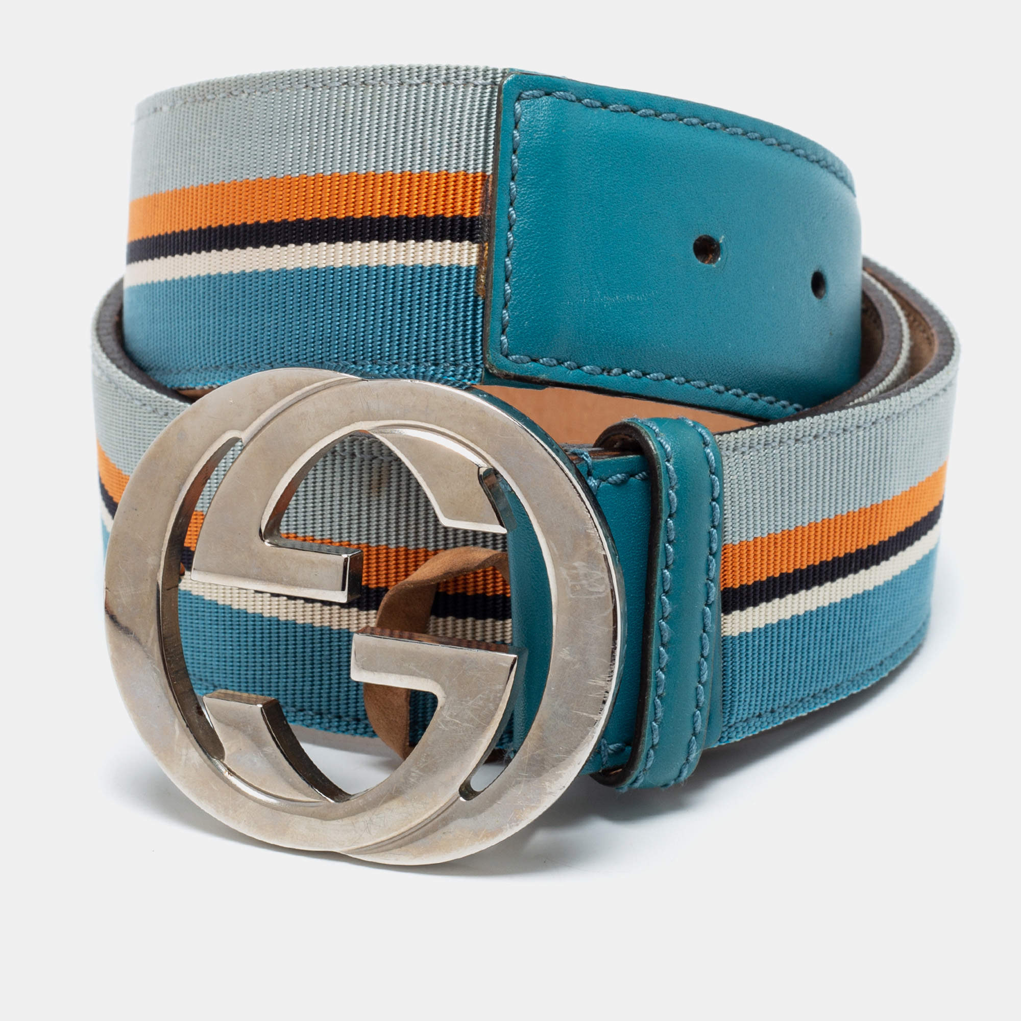 مملوكة مسبقًا Gucci Blue Striped Canvas and Leather Interlocking G Buckle Belt 85 CM
