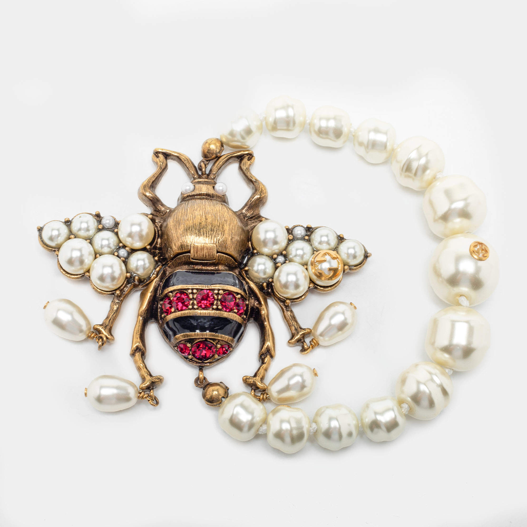 Pre Owned Gucci Aged Gold Tone Crystals & Pearl Bee Bracelet XL