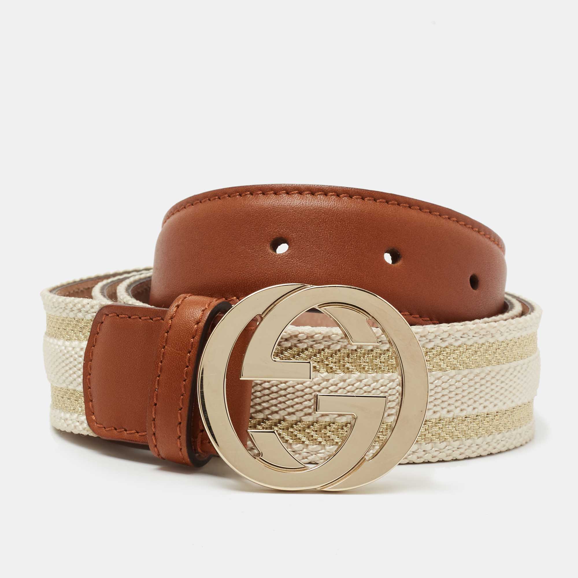 Pre Owned Gucci Beige/Tan Nylon and Leather Interlocking G Belt 95CM