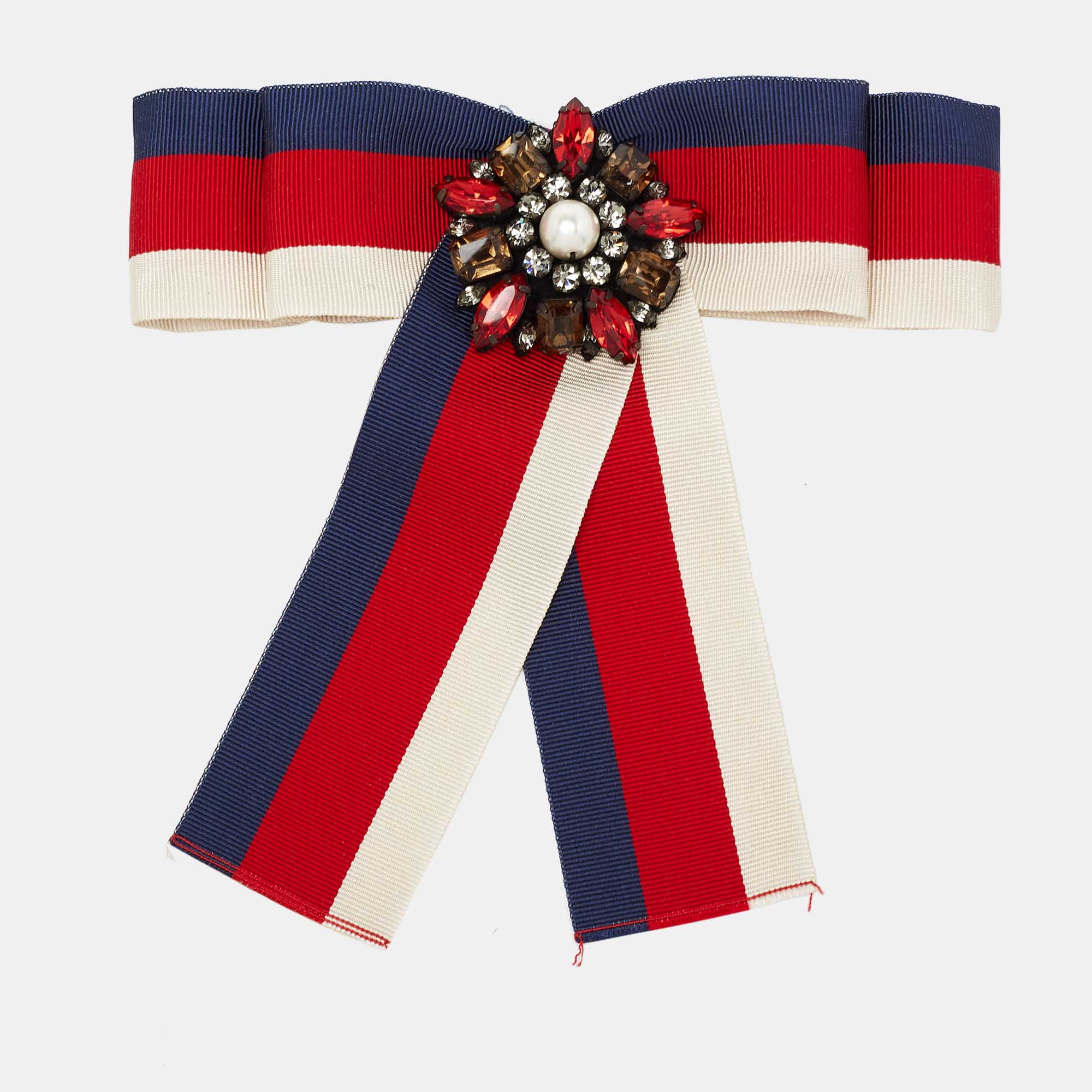 Pre Owned Gucci Crystal Faux Pearl Gunmetal Tone Fabric Brooch