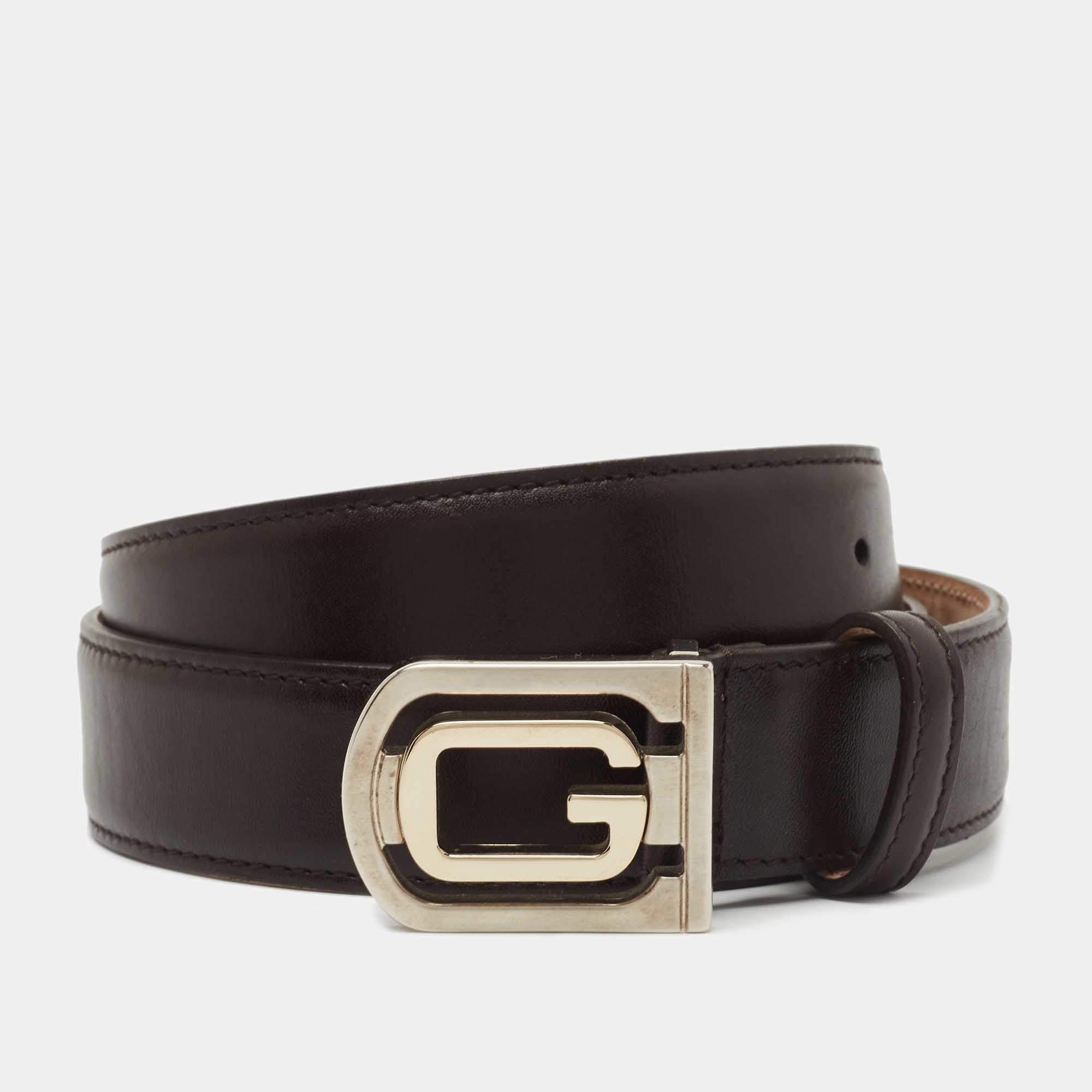 Pre Owned Gucci Dark Brown Leather G Buckle Belt 85CM