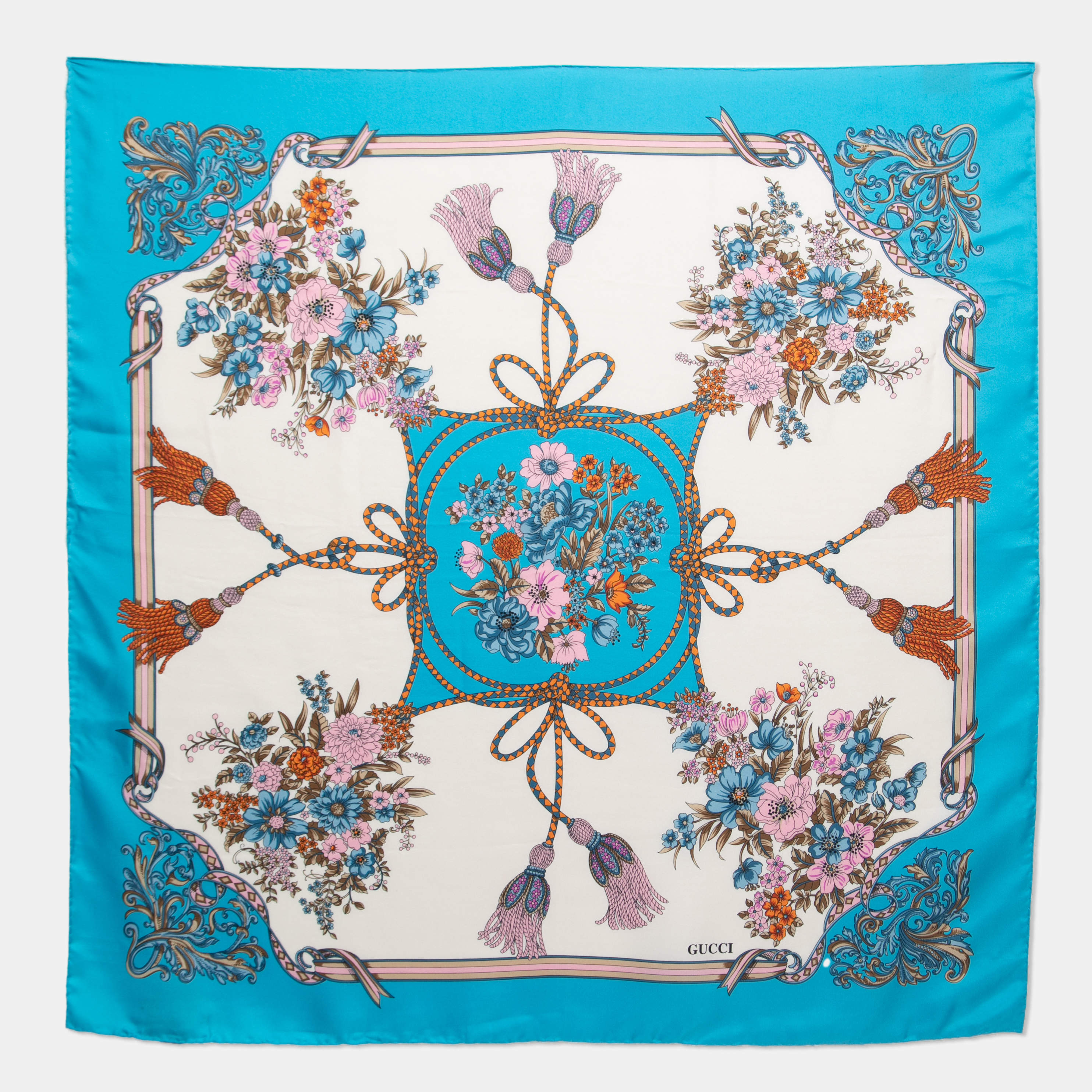 Gucci Multicolor Carre Flowers and Tassel Print Silk Square Scarf