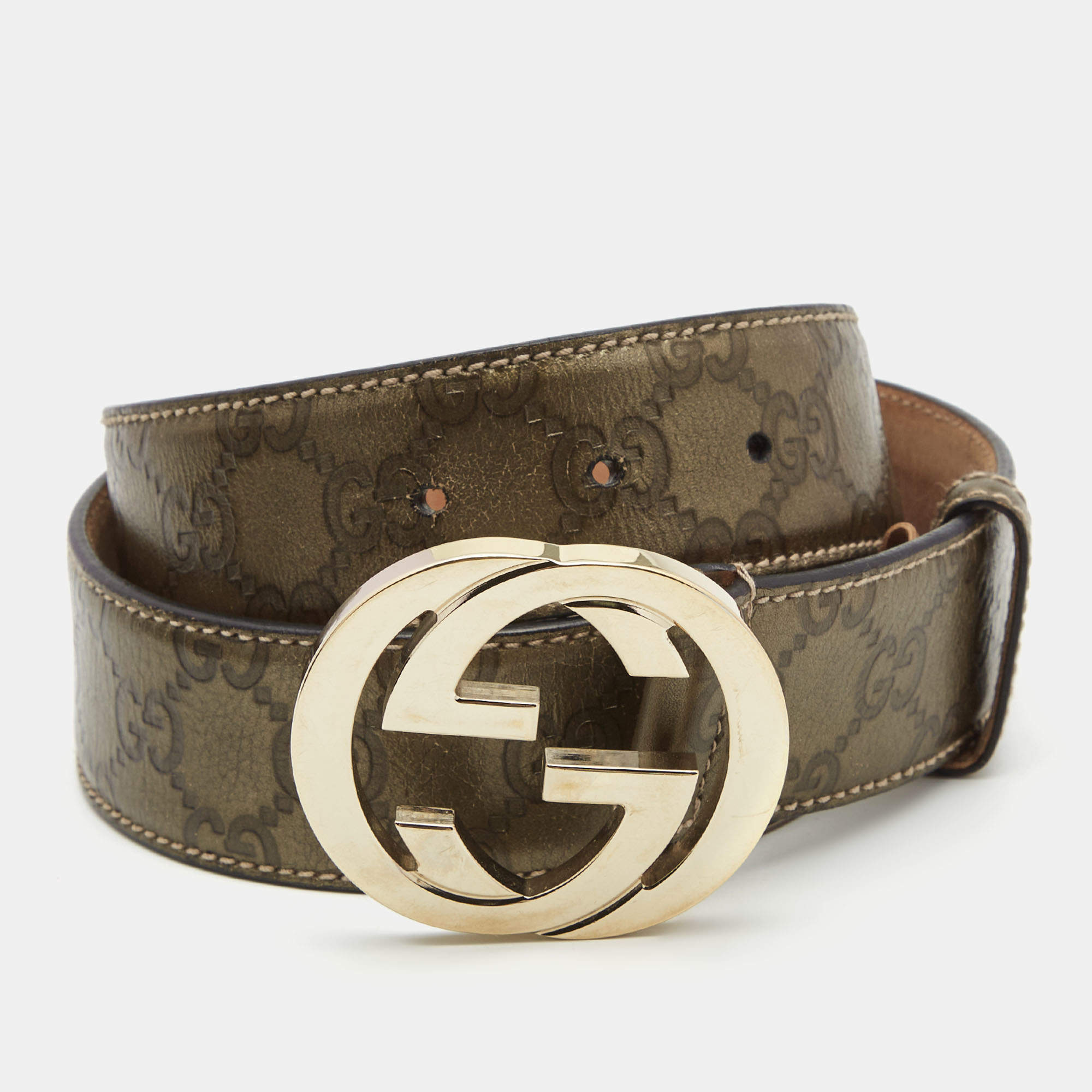 Pre Owned Gucci Olive Green Guccissima Leather Interlocking G Buckle Belt 85CM