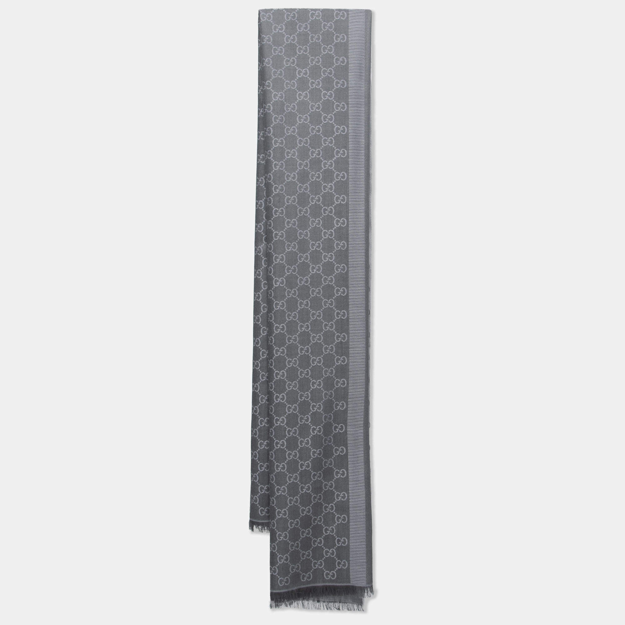Gucci Grey Guccissima Jacquard Striped Wool & Silk Stole