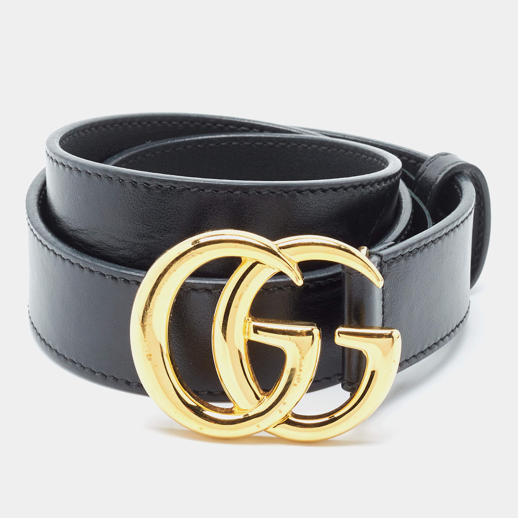 Pre Owned Gucci Black Leather GG Marmont Buckle Belt 70CM
