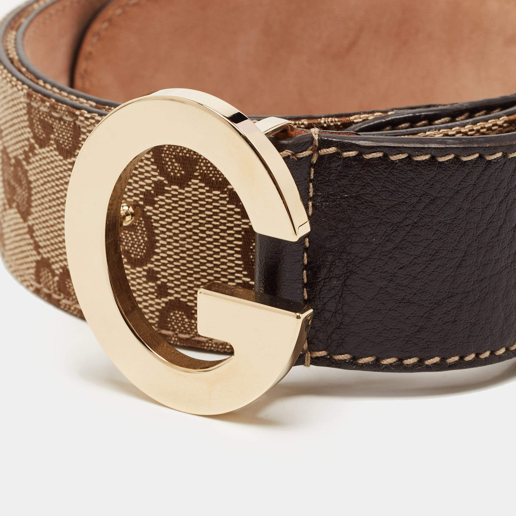 Authentic GUCCI GG MONOGRAM Logo Buckle Canvas Leather Belt Brown Beige  85/34