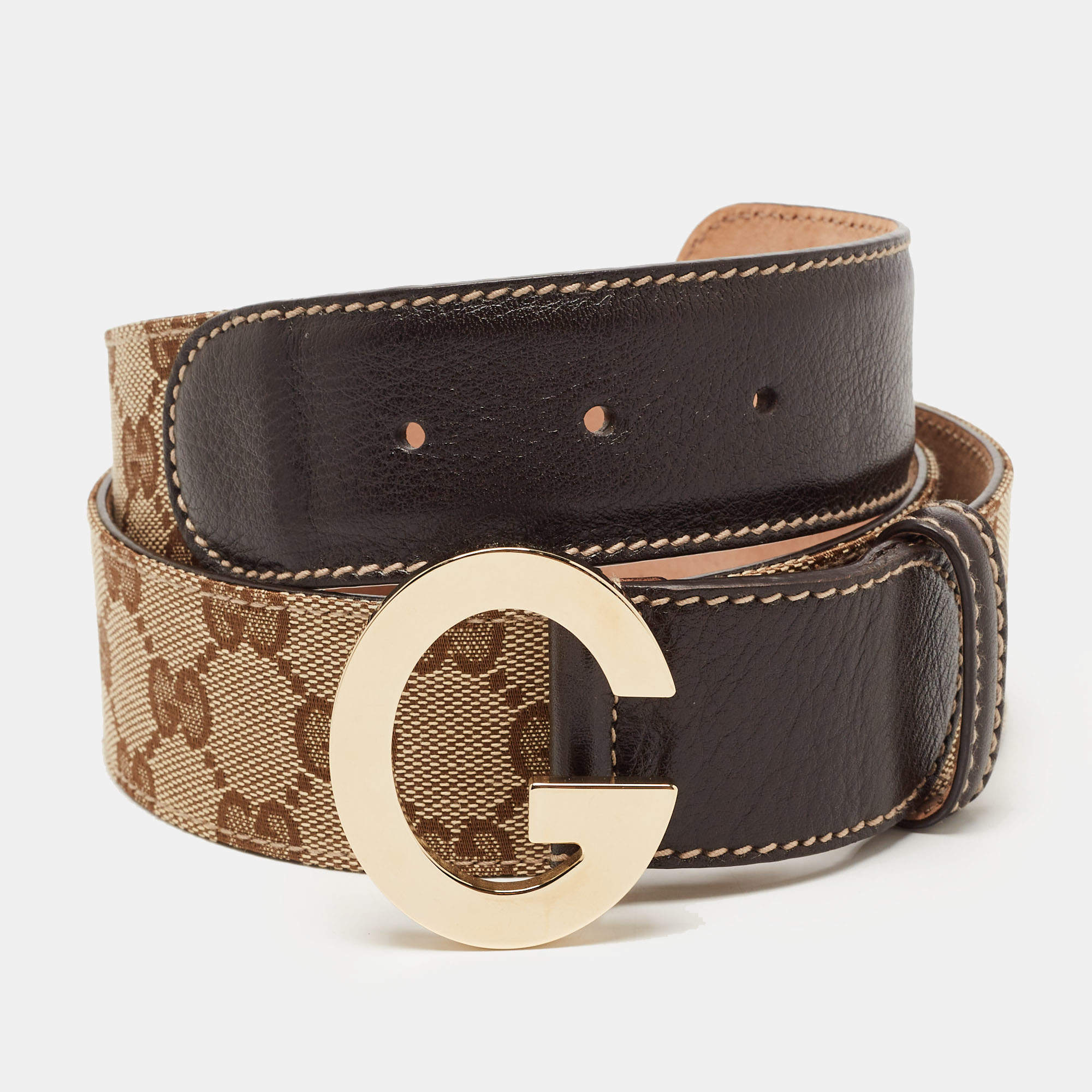 Gucci GG Canvas Leather Belt Beige/Brown Size 90/36