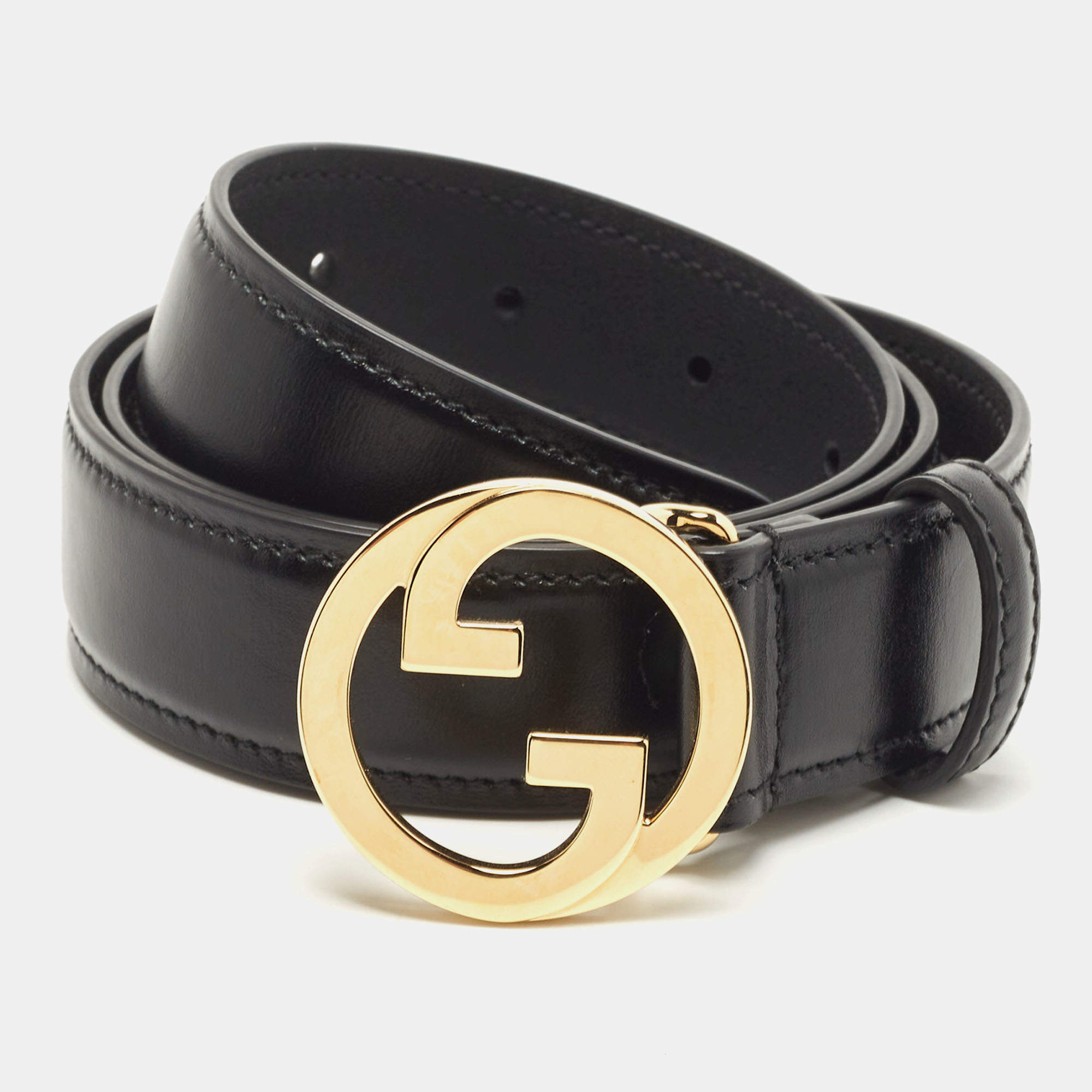 Pre Owned Gucci Black Leather Interlocking G Buckle 75CM