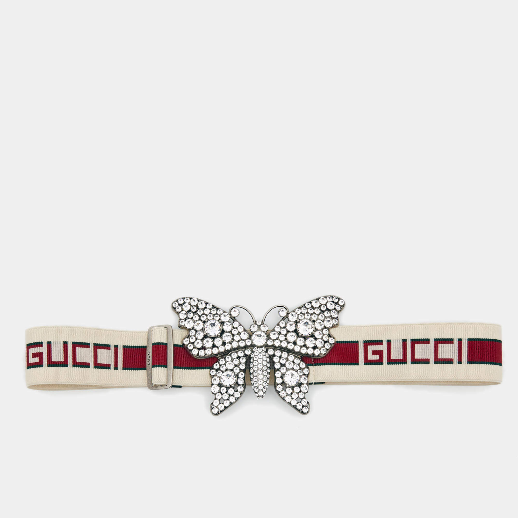 Gucci White/Red Elastic Band Butterfly Crystals Belt 90CM