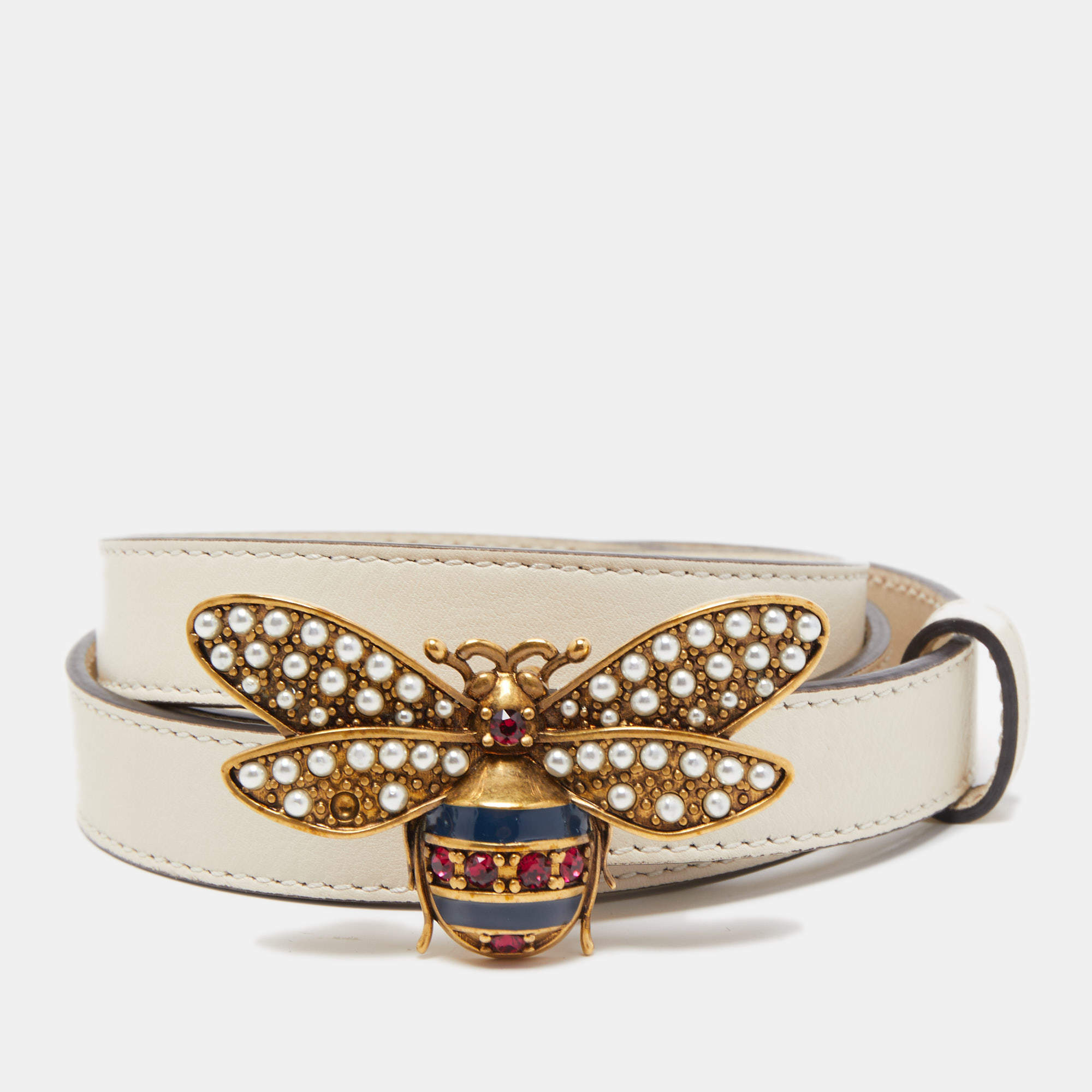 Pre Owned Gucci Off White Leather Queen Margaret Bee Slim Belt 85CM