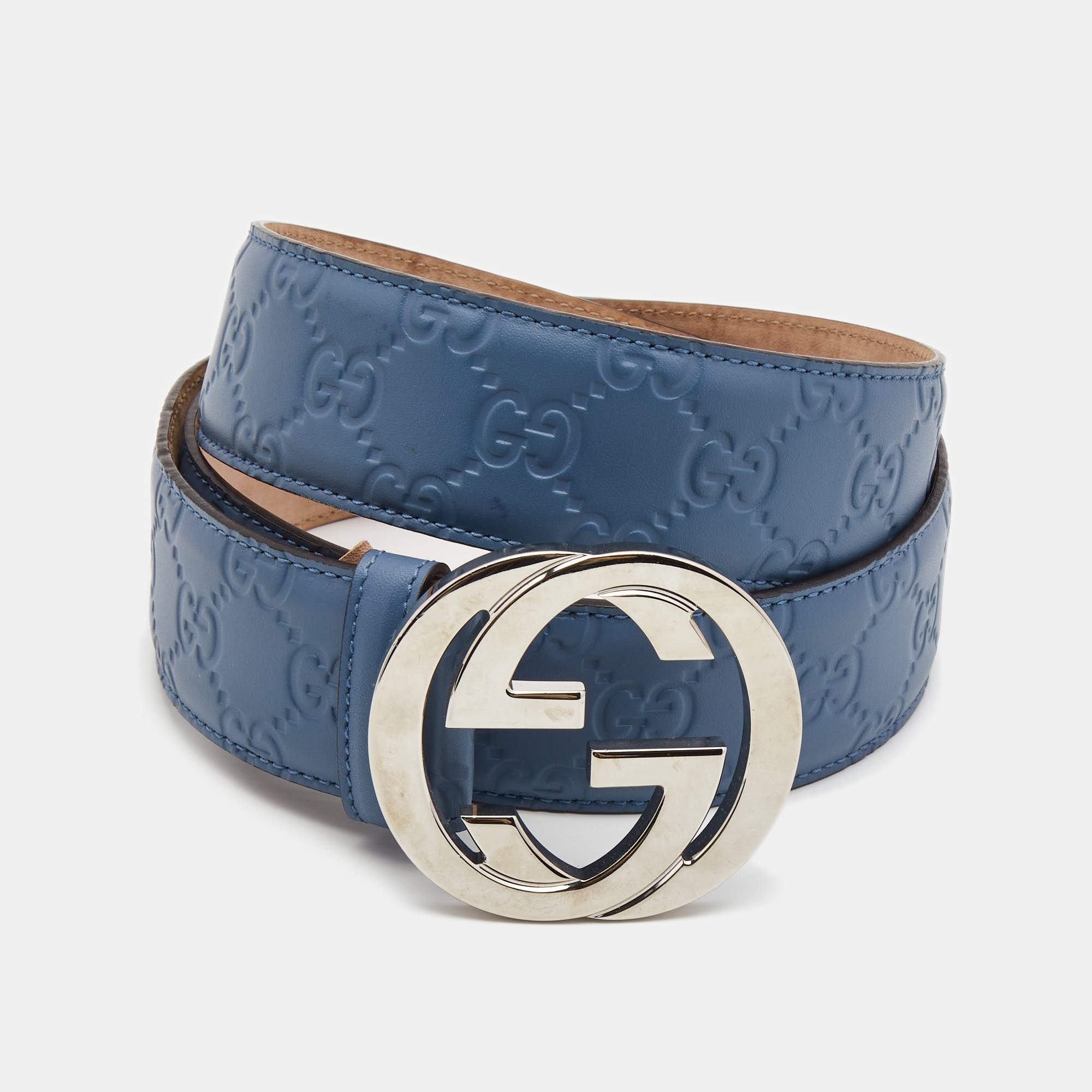 Gucci Light Blue Guccissima Leather Interlocking G Buckle Belt 105CM
