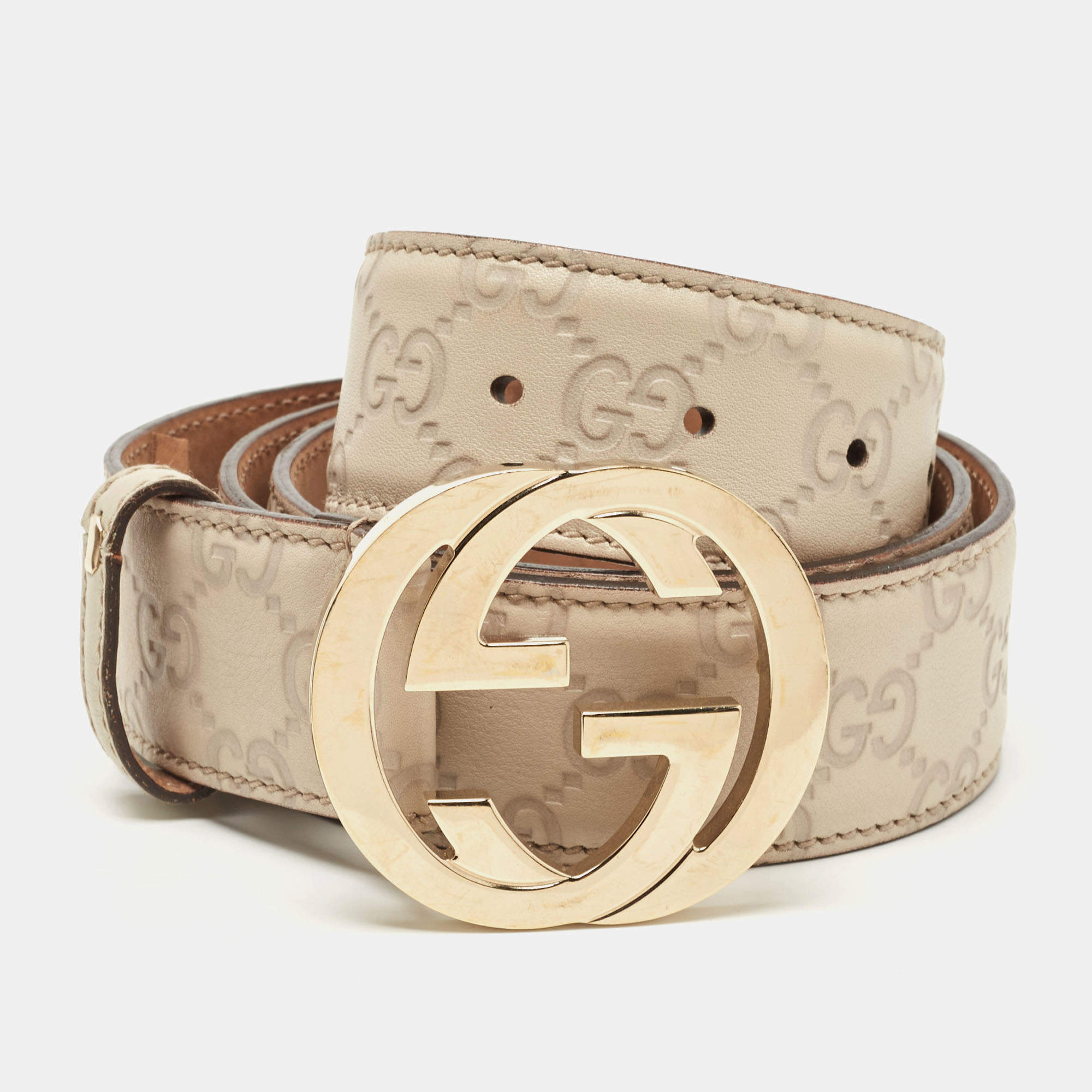 مملوكة مسبقًا Gucci Off White Guccissima Leather Interlocking G Buckle Belt 95CM