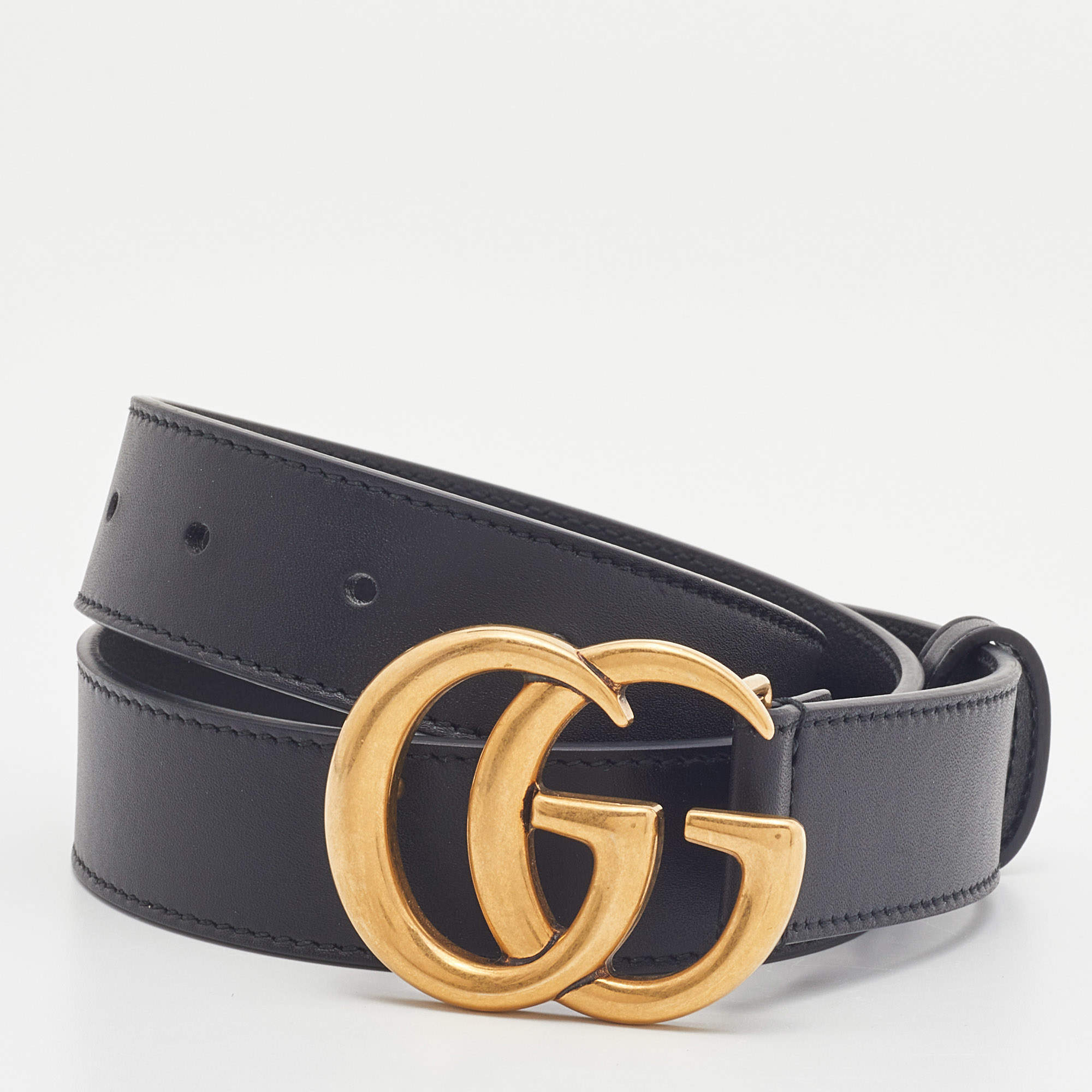 Gucci Black Leather GG Marmont Buckle Belt 70CM