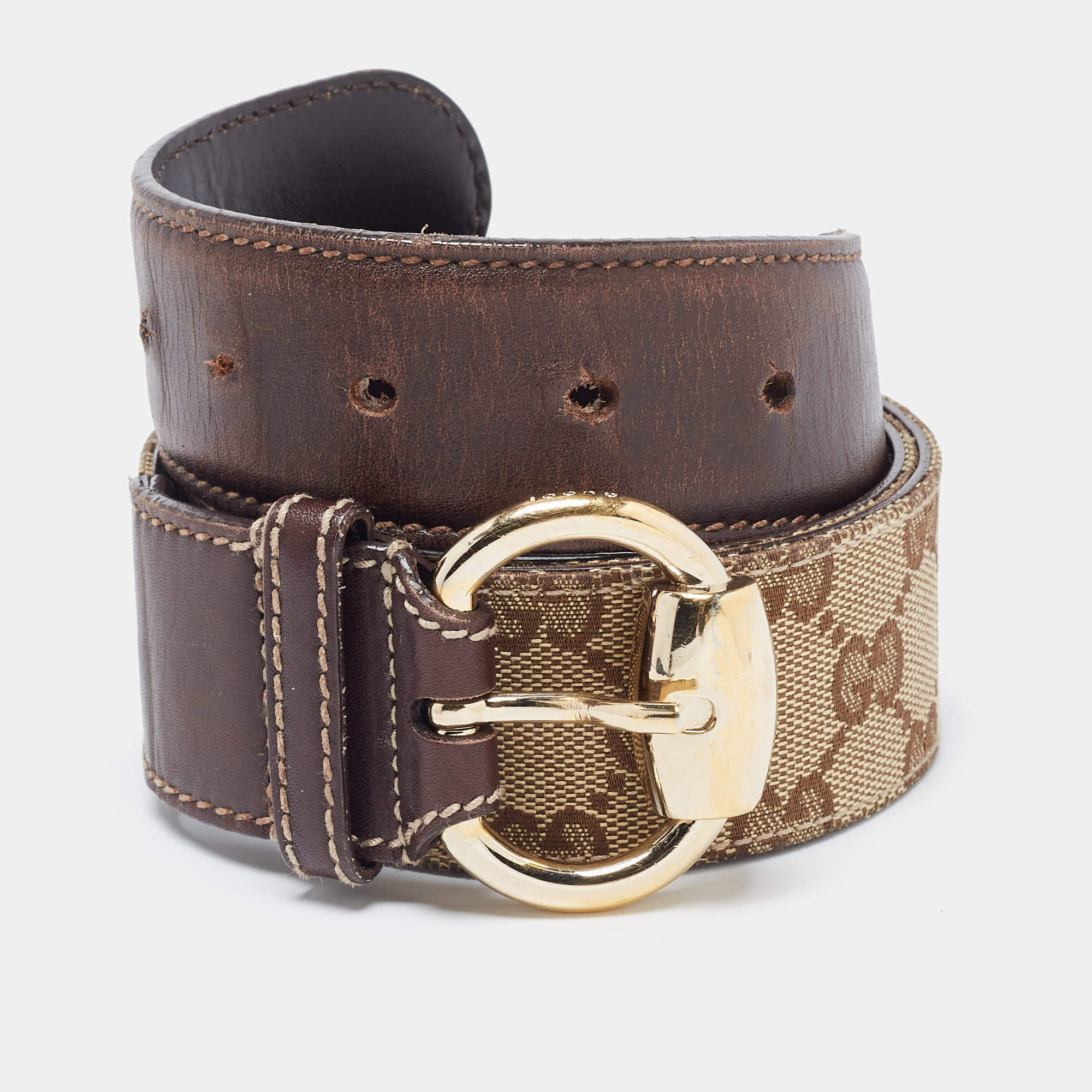 Gucci Beige/Brown GG Canvas and Leather Buckle Belt 90CM