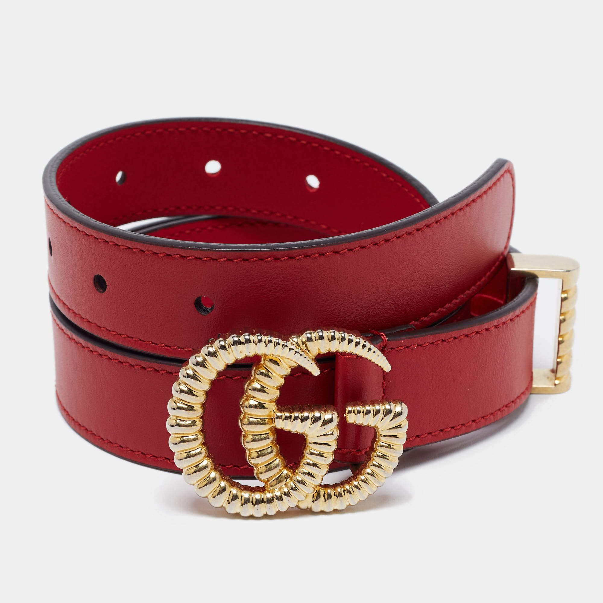 Gucci Red Leather Torchon Double G Buckle Belt 85CM