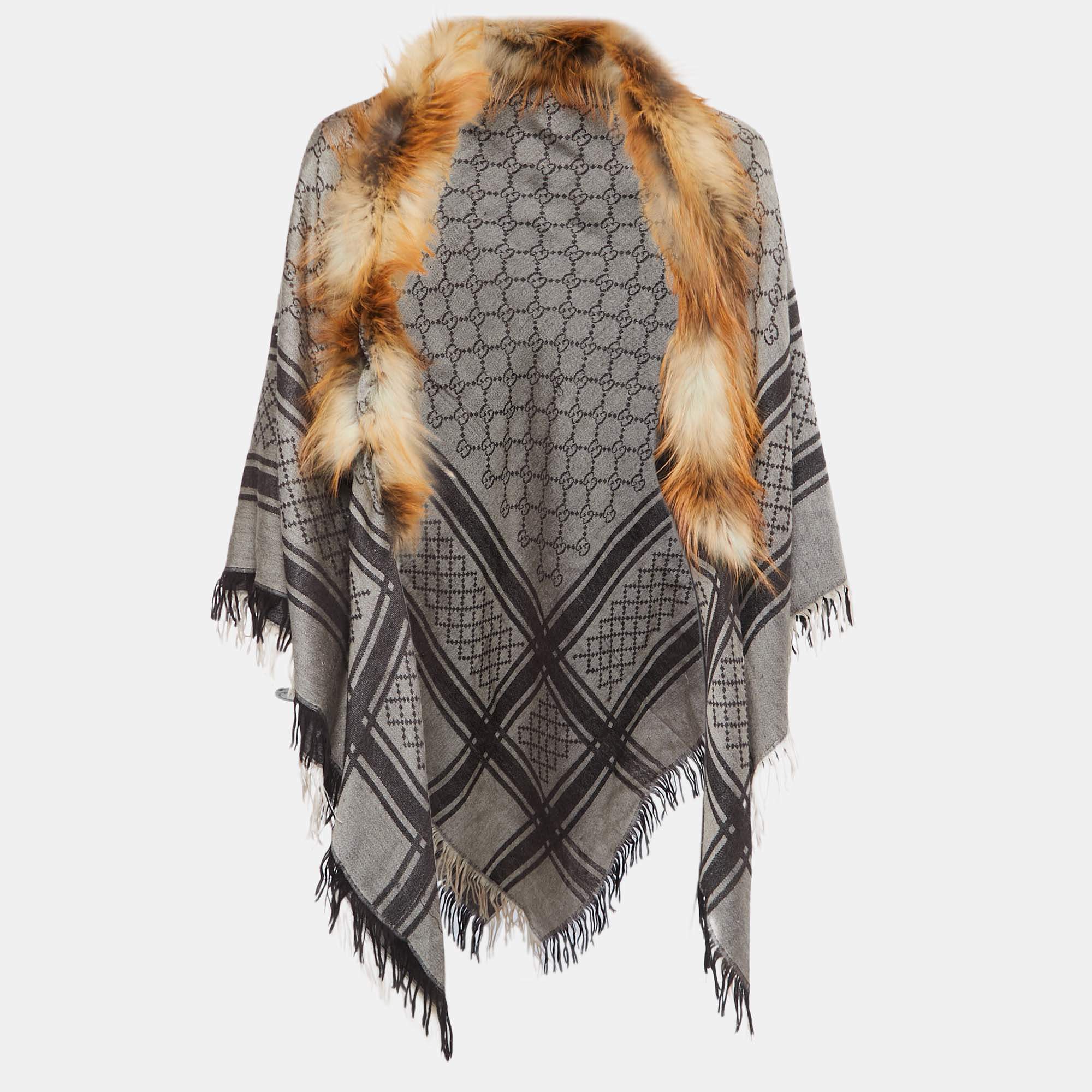 Pre Owned Gucci Brown Fur Timmed GG Jacquard Wool & Silk Shawl