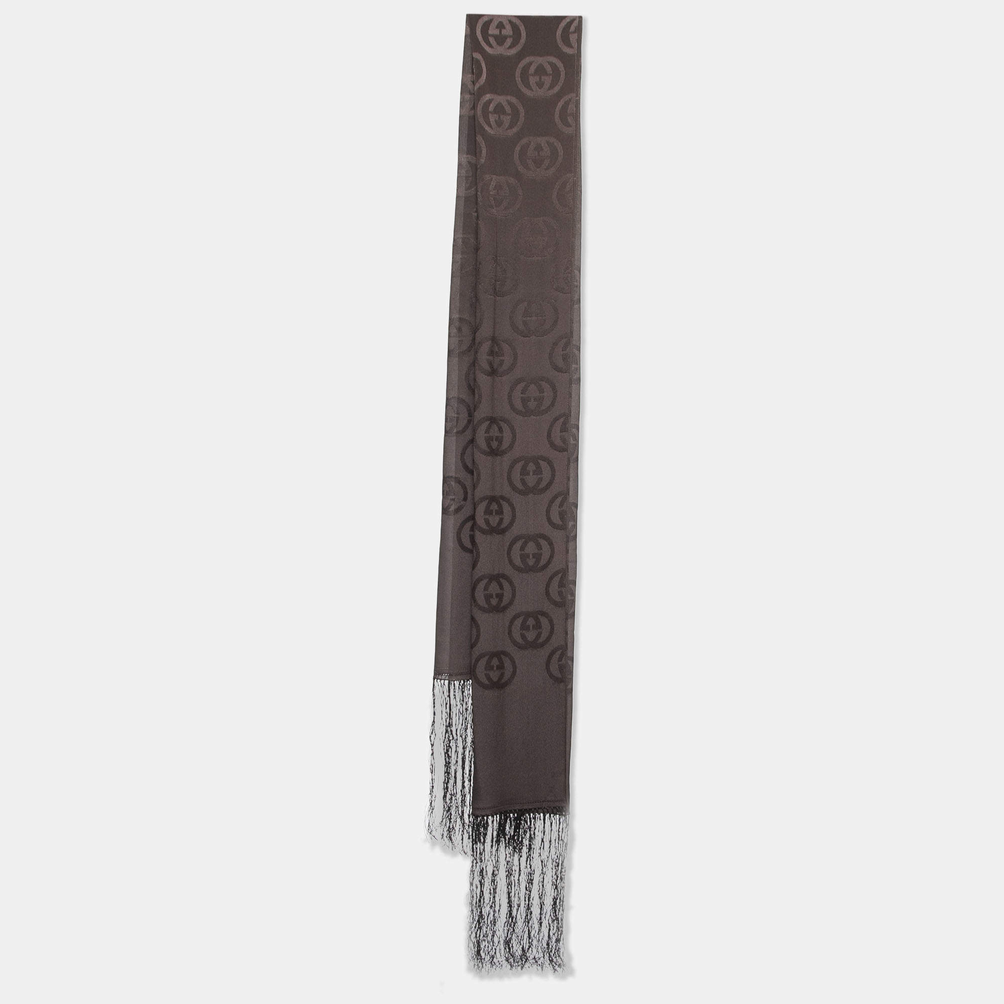 Gucci Brown GG Pattern Silk Fringed Stole
