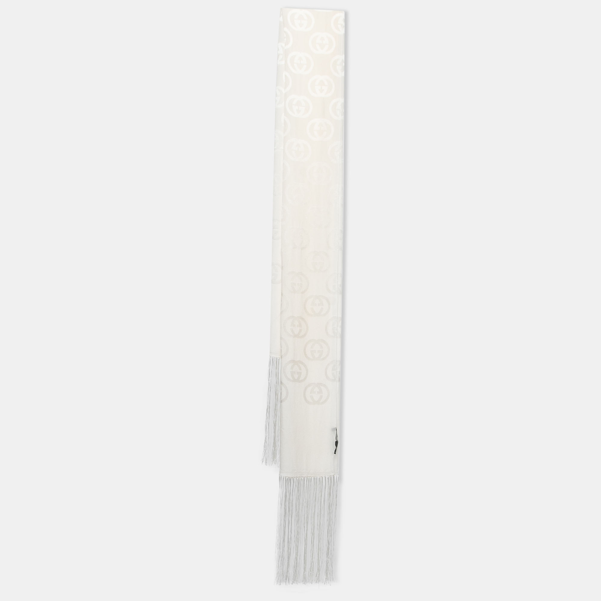 Gucci Ivory GG Pattern Silk Fringed Stole