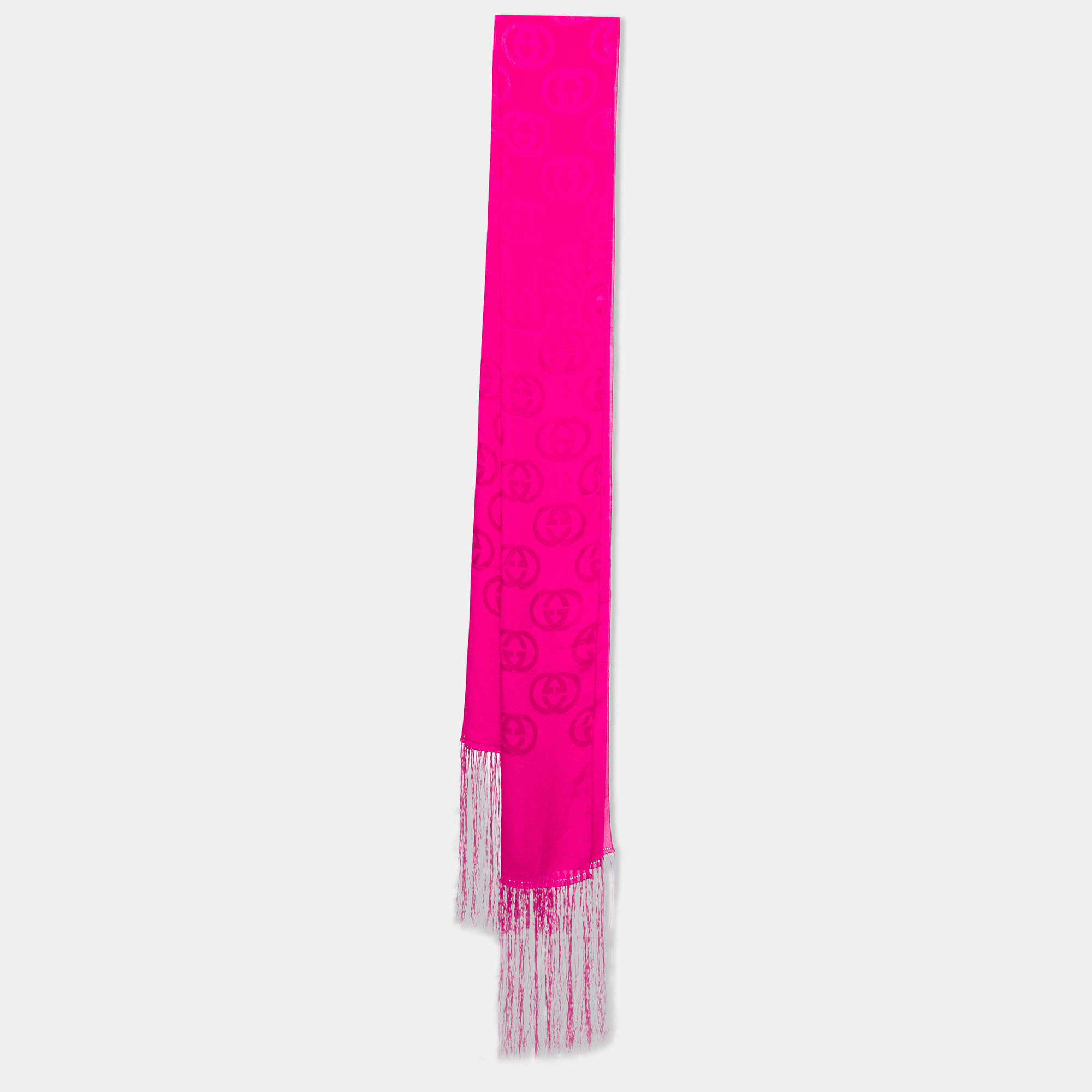 Gucci Fuchsia Pink GG Pattern Silk Fringed Stole 