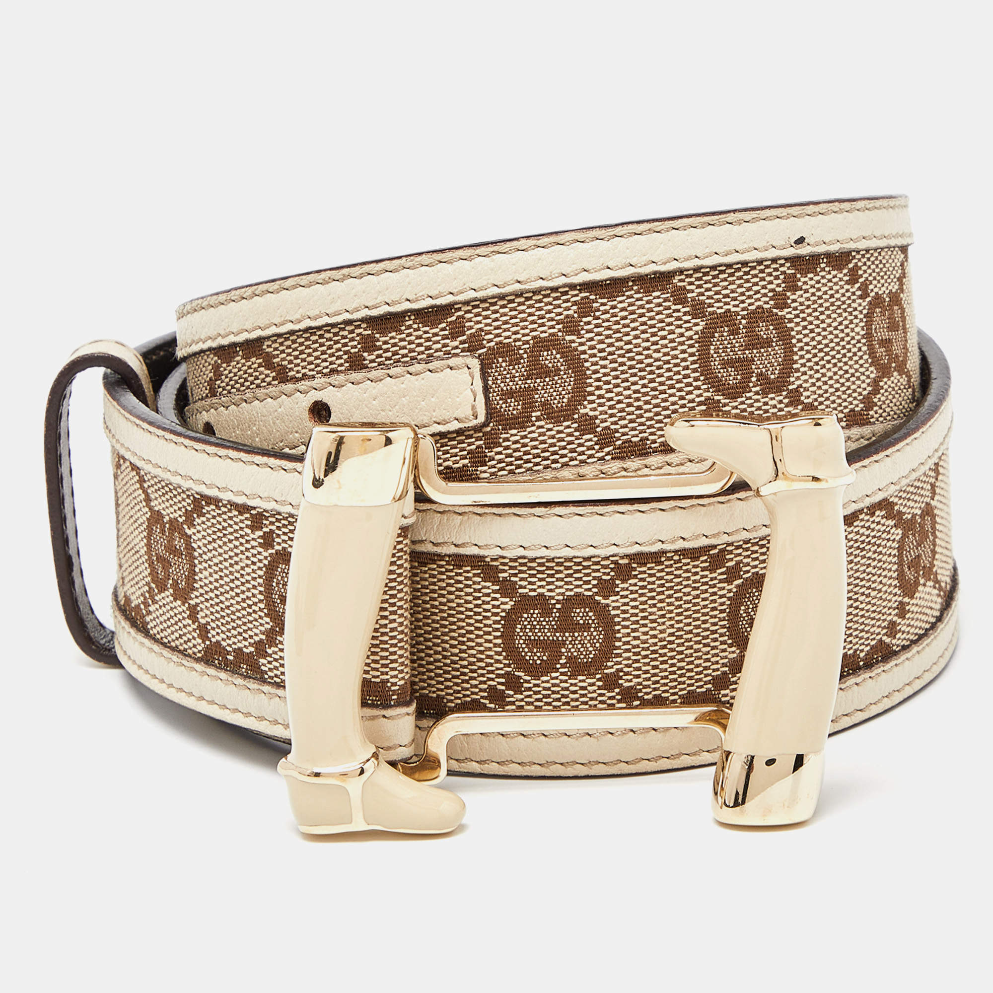 Gucci Beige GG Canvas and Leather Buckle Belt 80CM