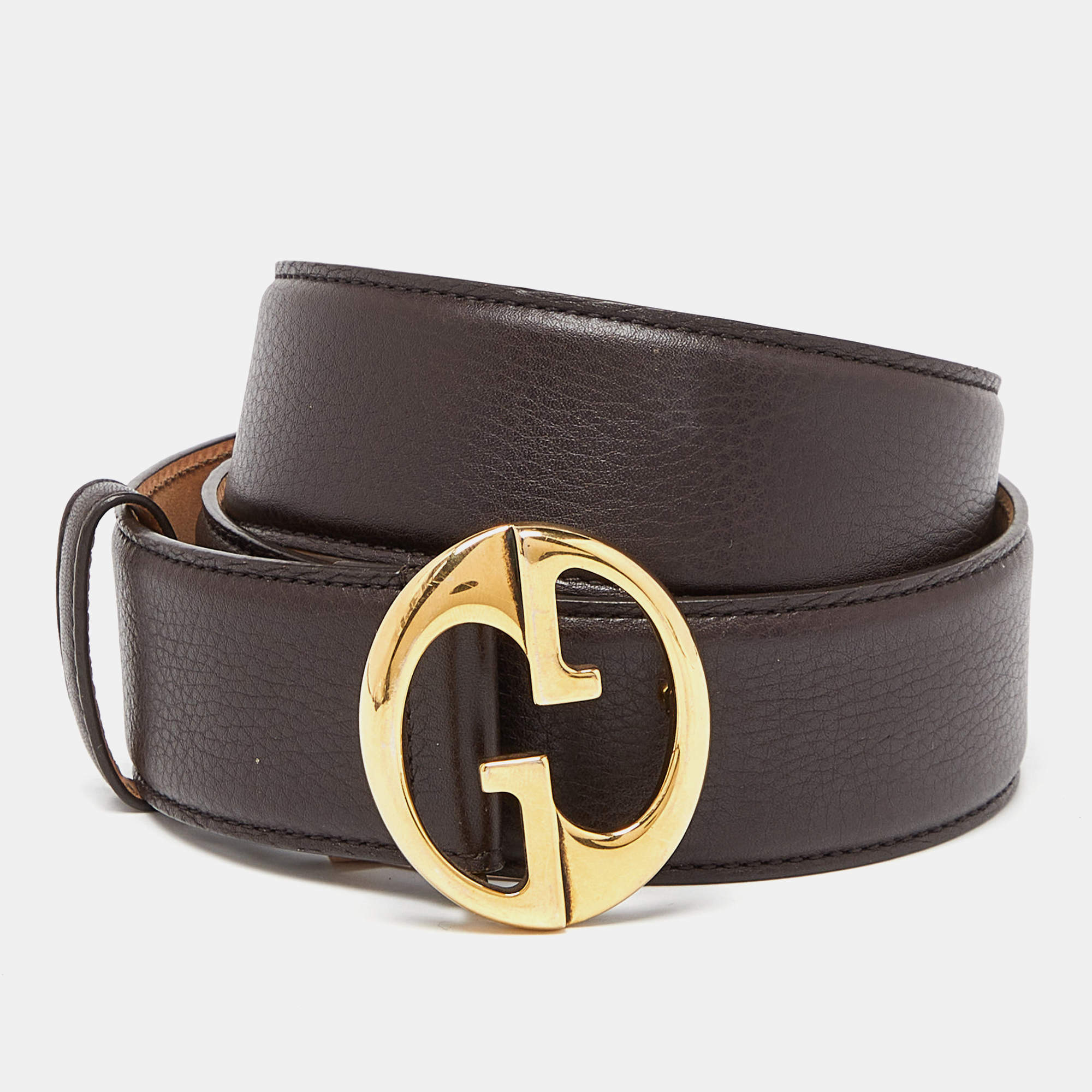 Pre Owned Gucci Brown Leather Interlocking G Buckle Belt 90CM