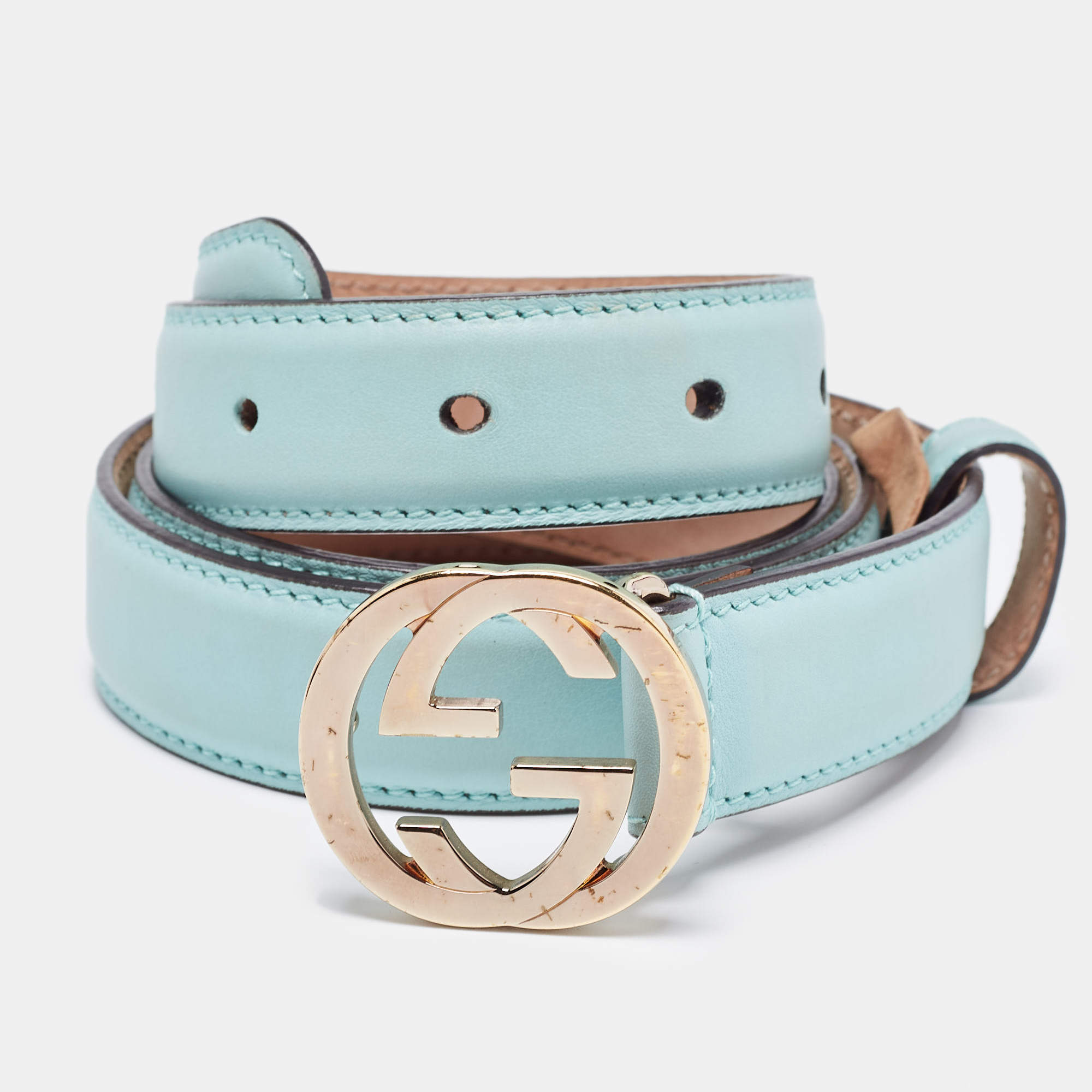 Pre Owned Gucci Green Leather Interlocking G Buckle Slim Belt 85CM