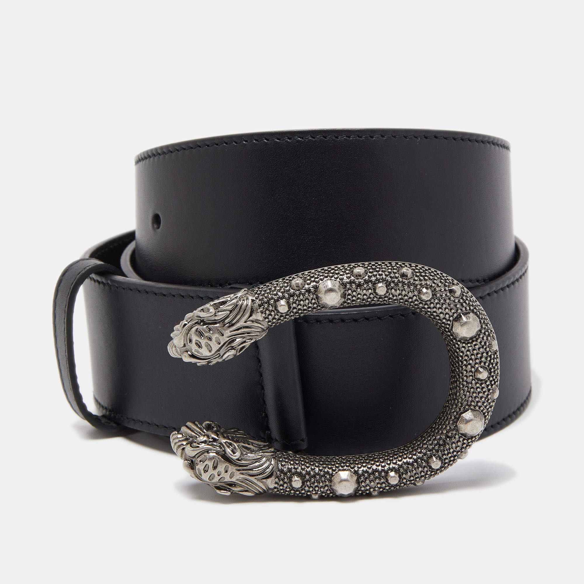 Pre Owned Gucci Black Leather Dionysus Buckle Belt 85CM