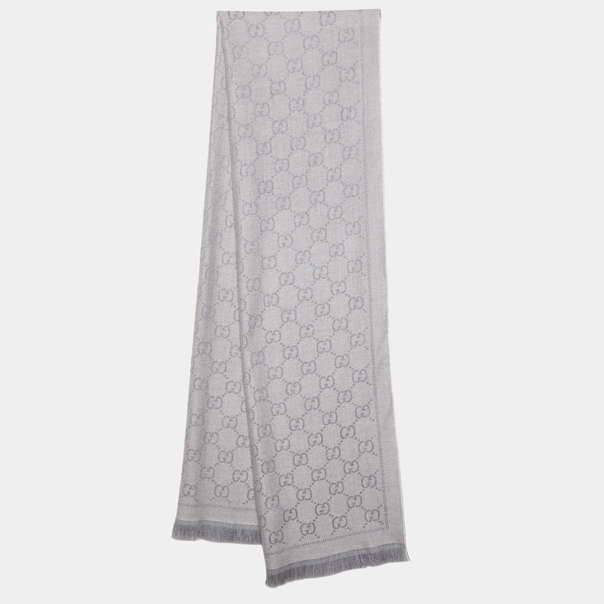 Pre Owned Gucci Grey Guccissima Patterned Wool Jacquard Scarf