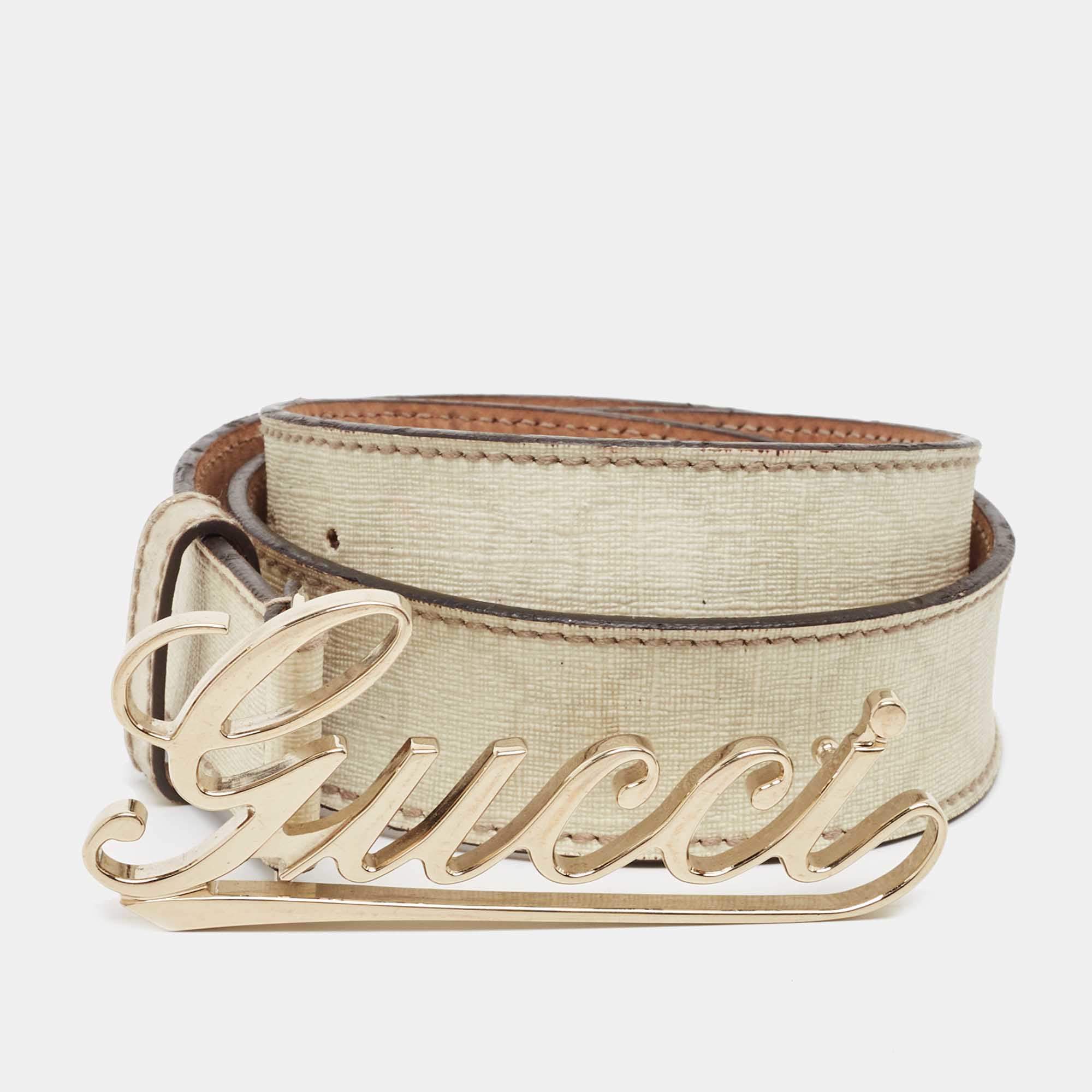 Pre Owned Gucci Off-white GG Supreme Canvas and Leather Logo Belt 85 CM