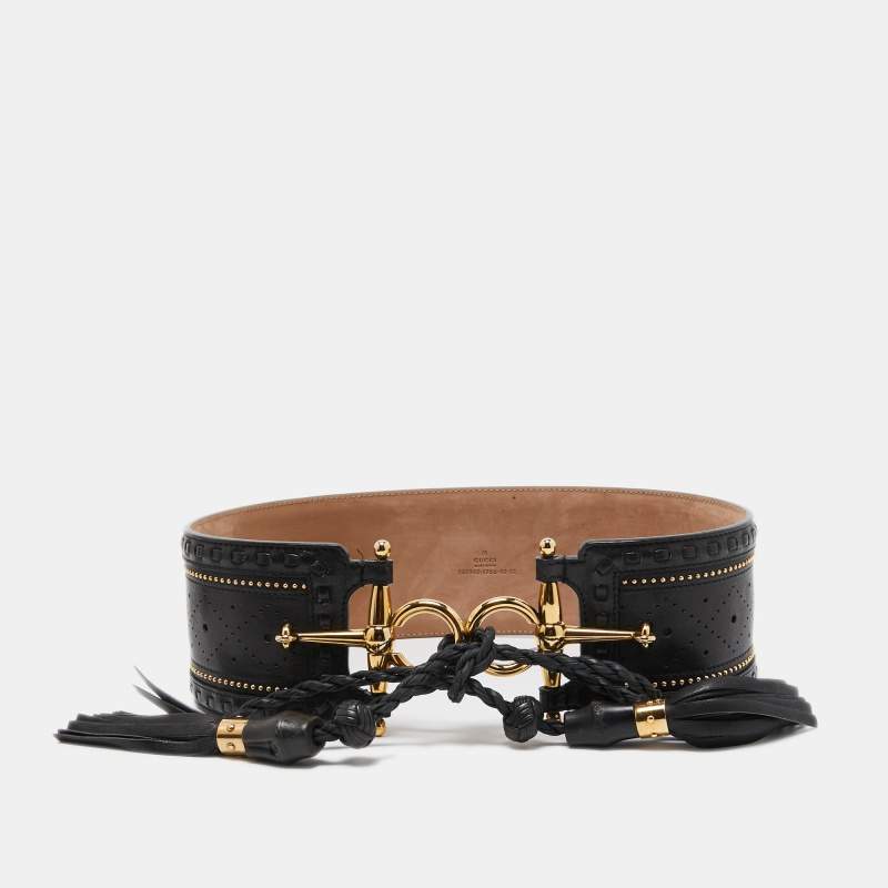 Gucci Black Leather Embellished Waist Belt 75 CM