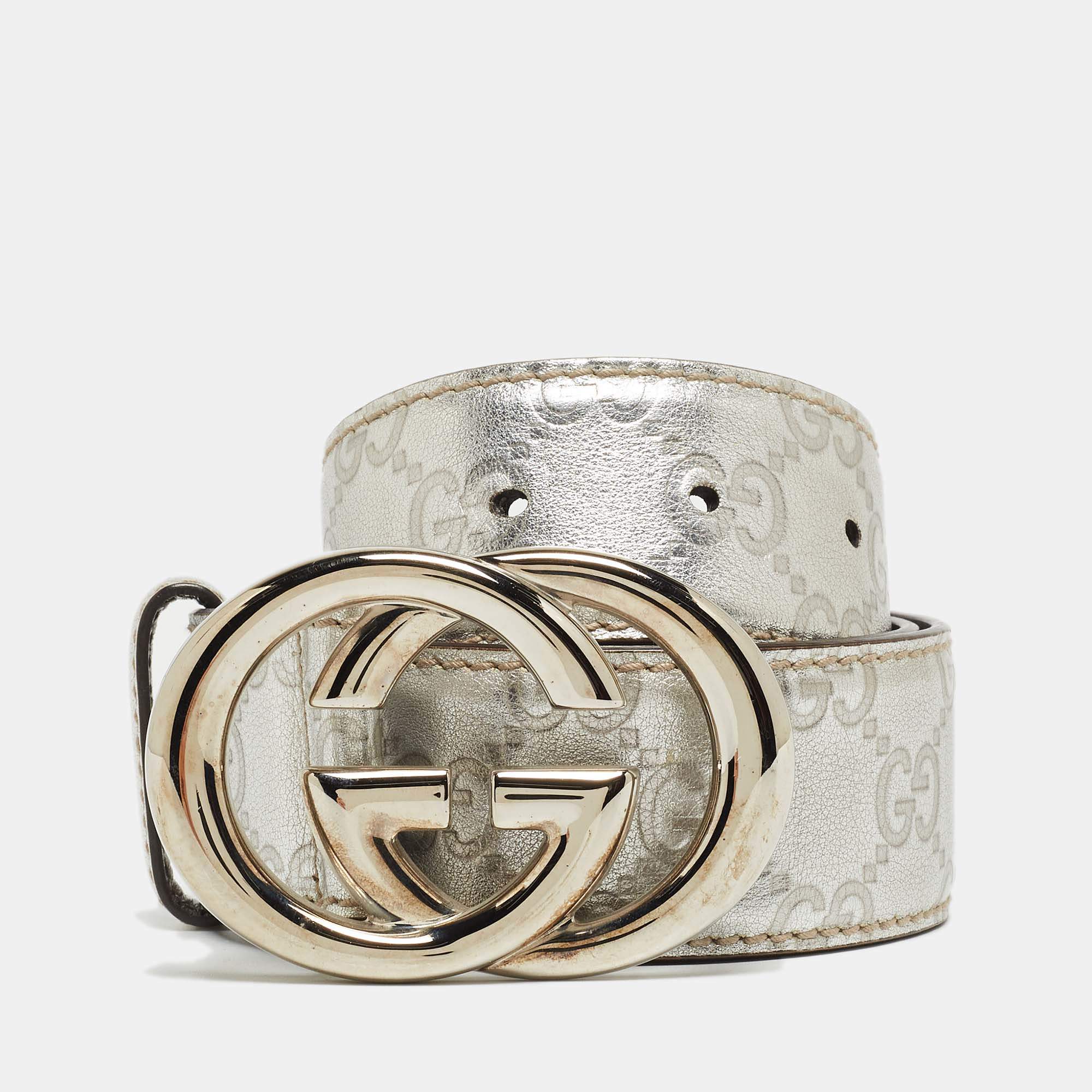 Gucci Silver Guccissima Leather Interlocking G Buckle Belt 80CM