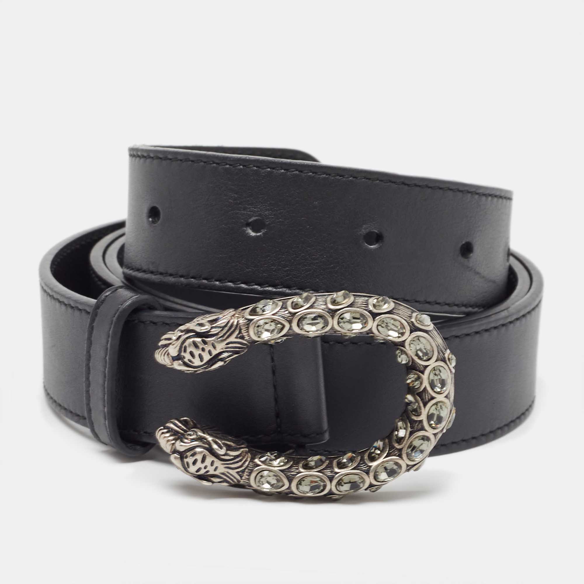Pre Owned Gucci Black Leather Crysta Dionysus Buckle Belt 95CM