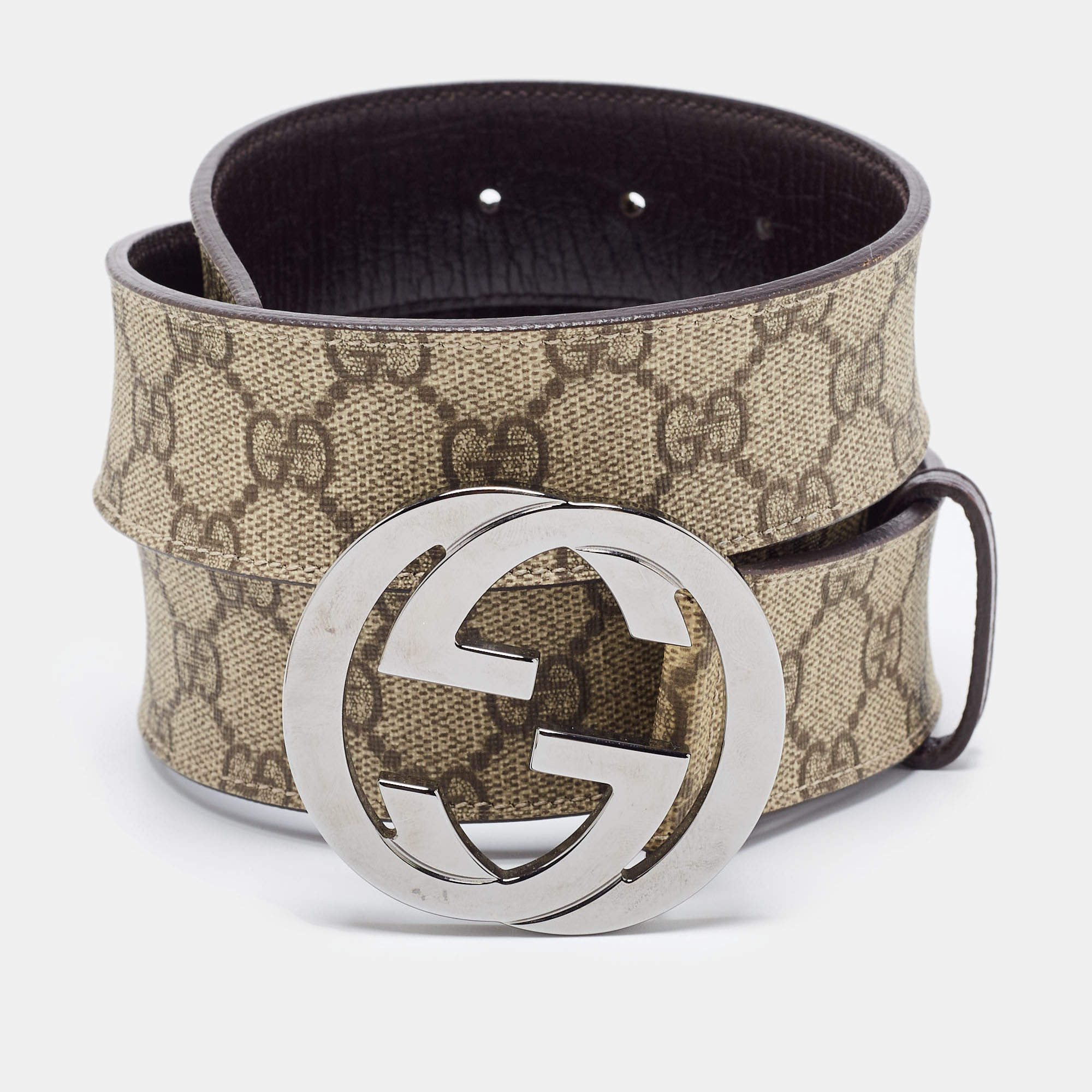 Pre Owned Gucci Beige/Brown GG Supreme Canvas and Leather Interlocking G Buckle Belt 95CM