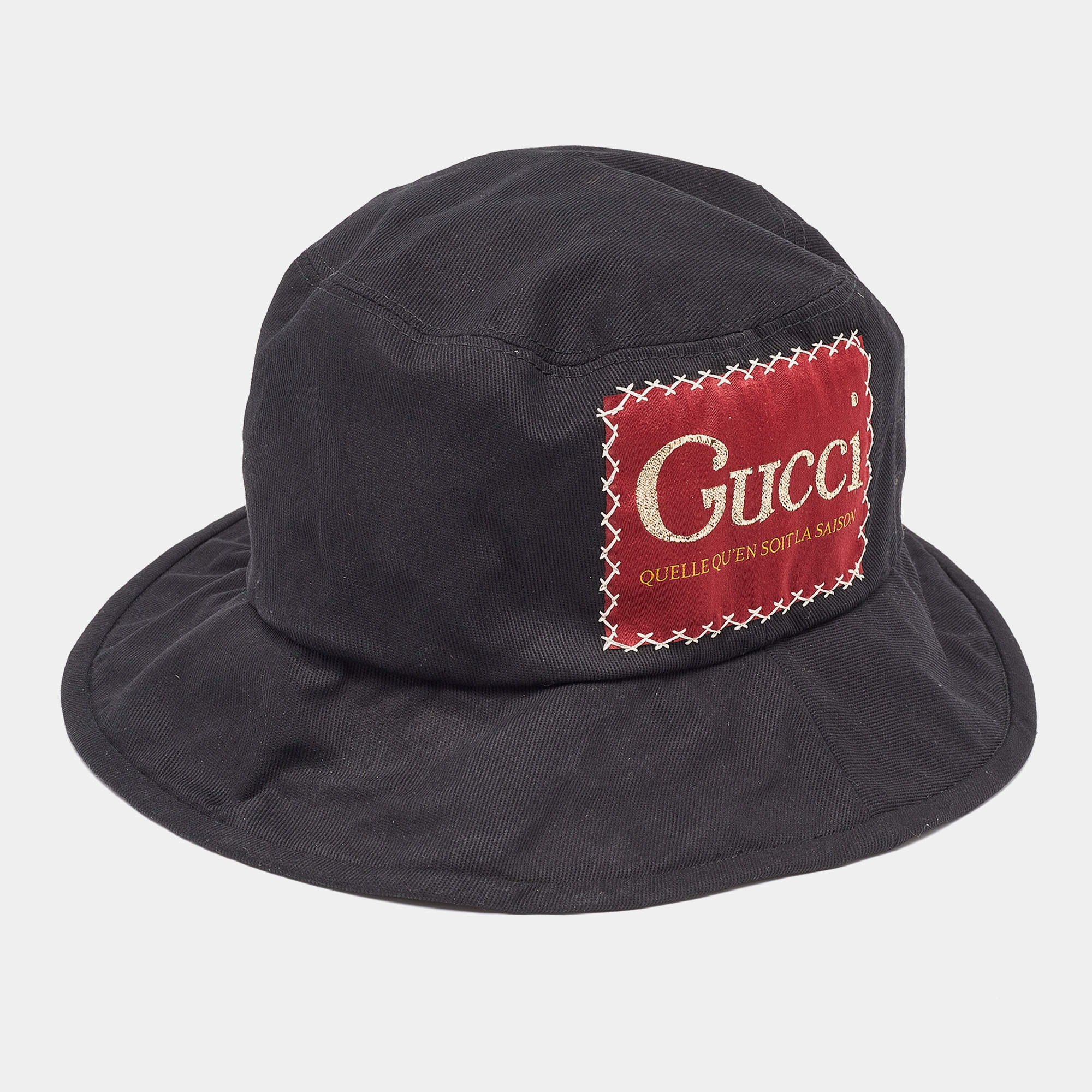 Pre Owned Gucci Black Cotton Logo Patch Detail Bucket Hat XL