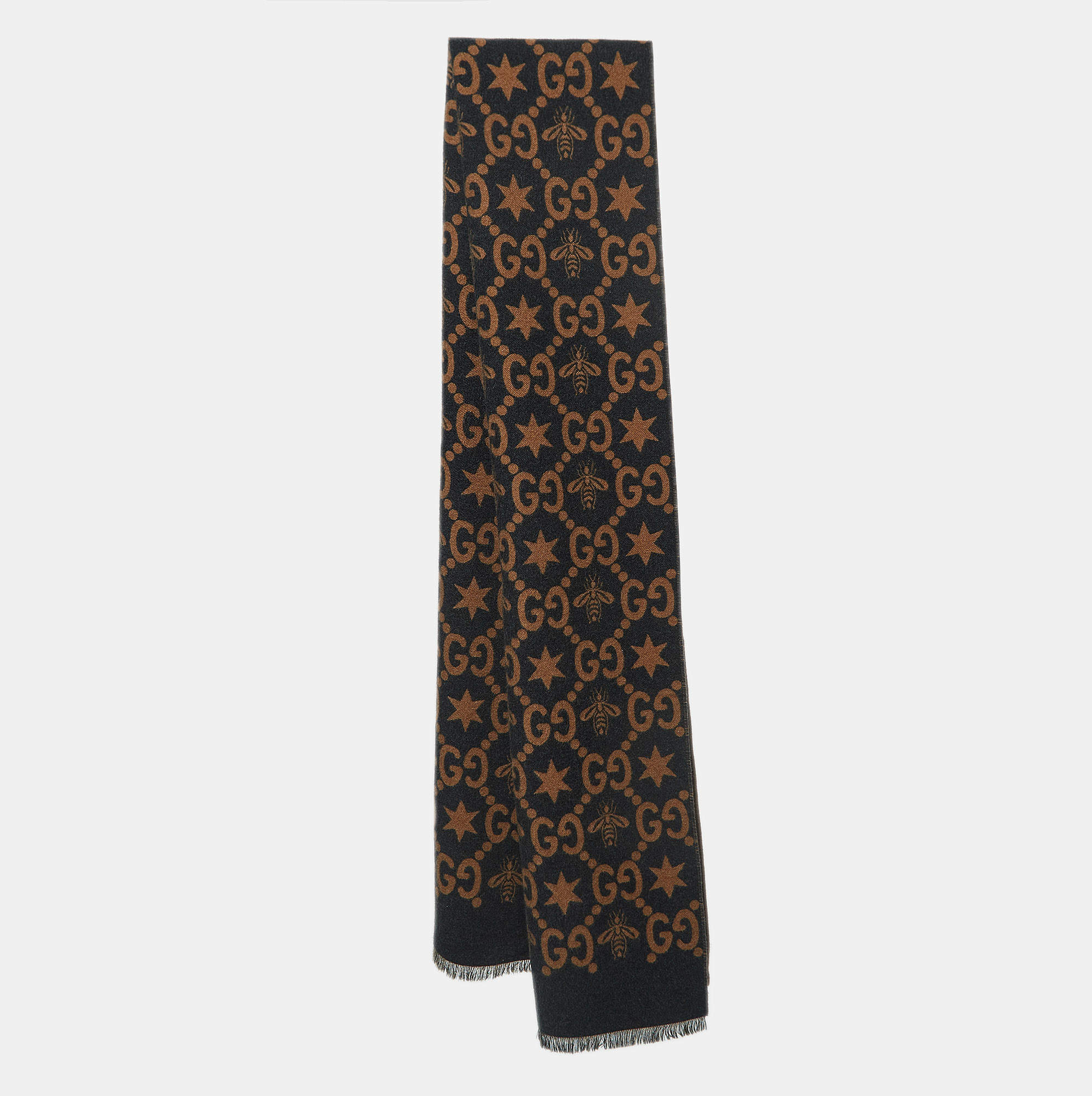 Gucci Black GG Bee Stars Patterned Wool Scarf