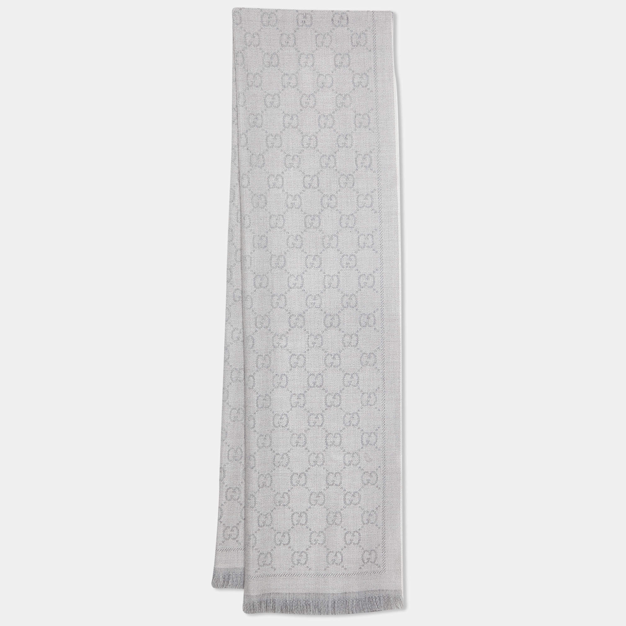 Gucci Grey GG Patterned Wool Fringed Scarf