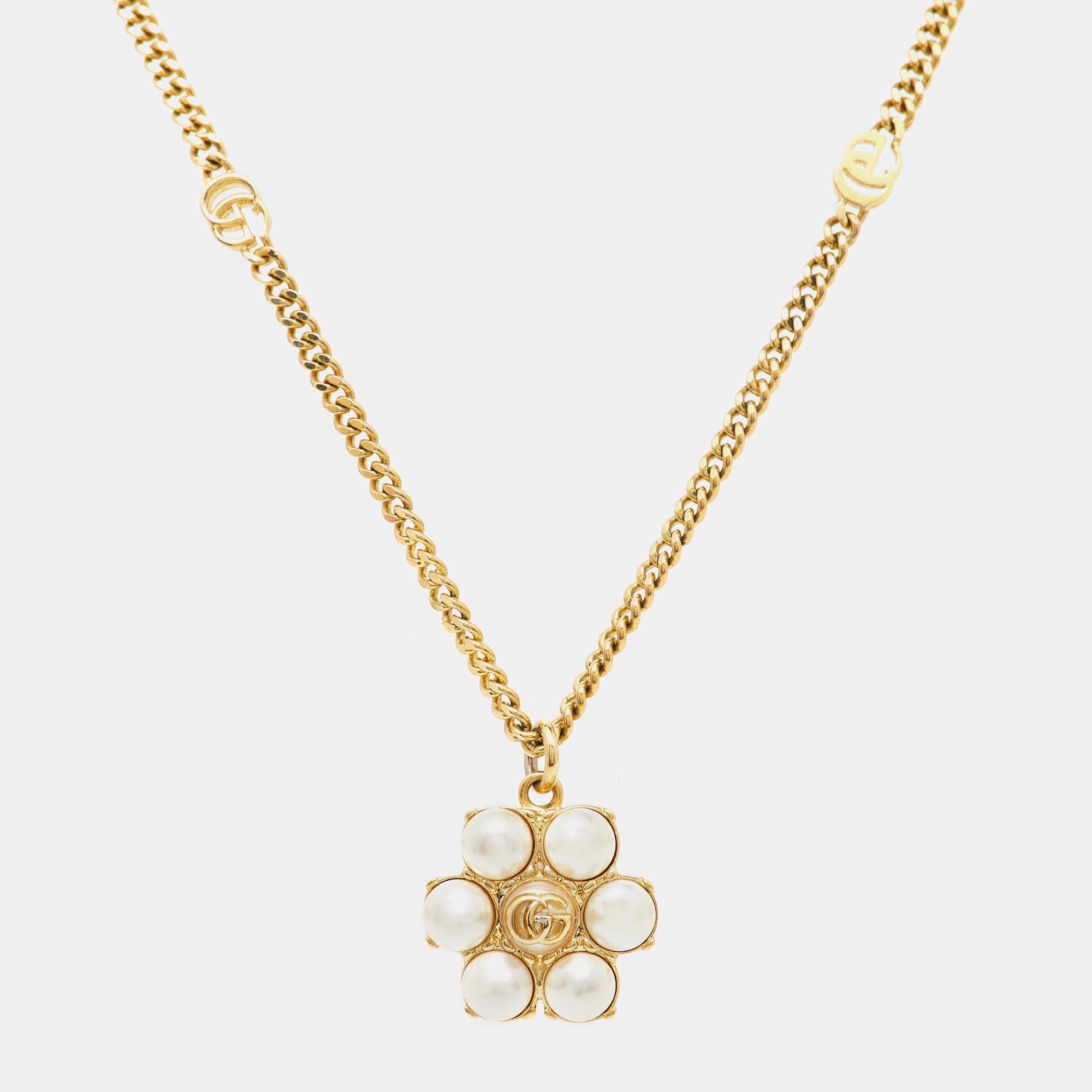 Pre Owned Gucci GG Marmont Faux Pearl Gold Tone Necklace