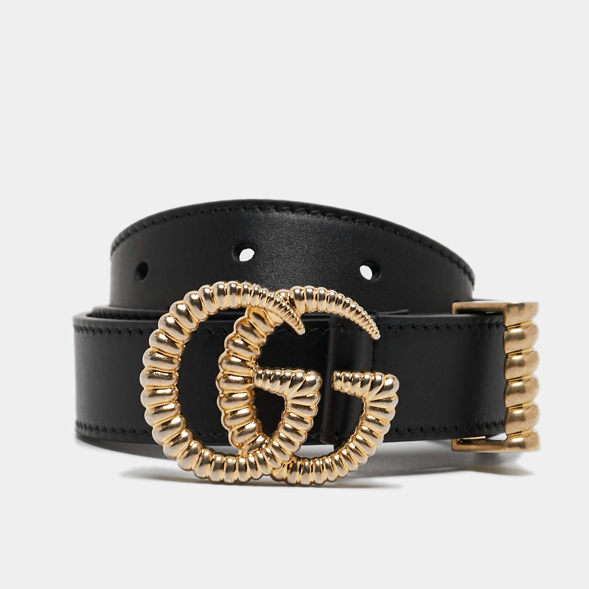 Pre Owned Gucci Black Leather Torchon Double G Buckle Slim Belt 80 CM