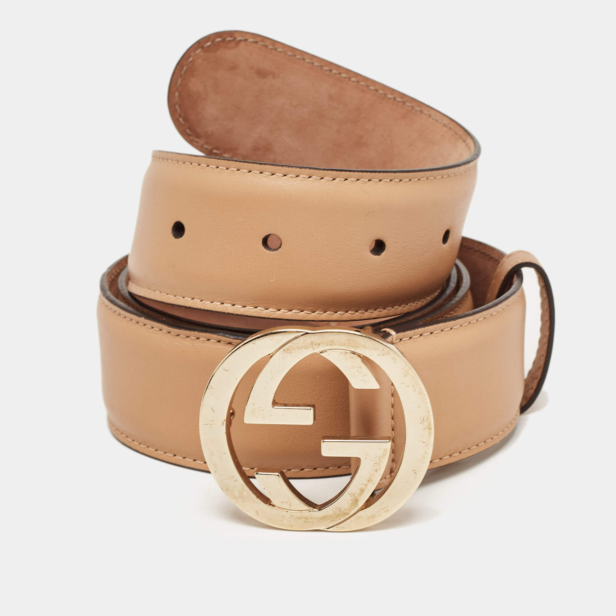 Pre Owned Gucci Beige Leather Interlocking G Buckle Belt 90 CM