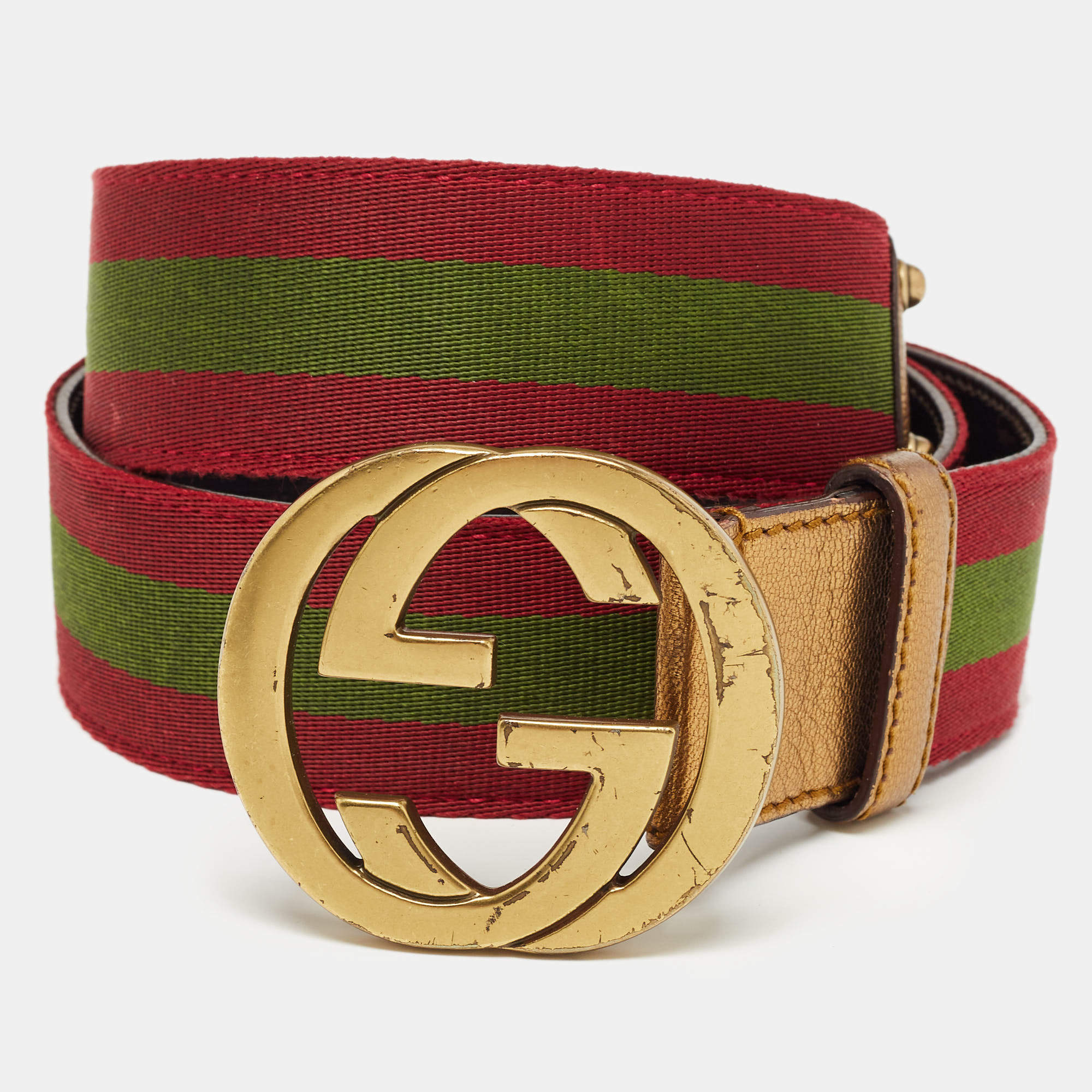 Gucci Burgundy Leather and Web Detail Interlocking GG Buckle Belt 95 CM