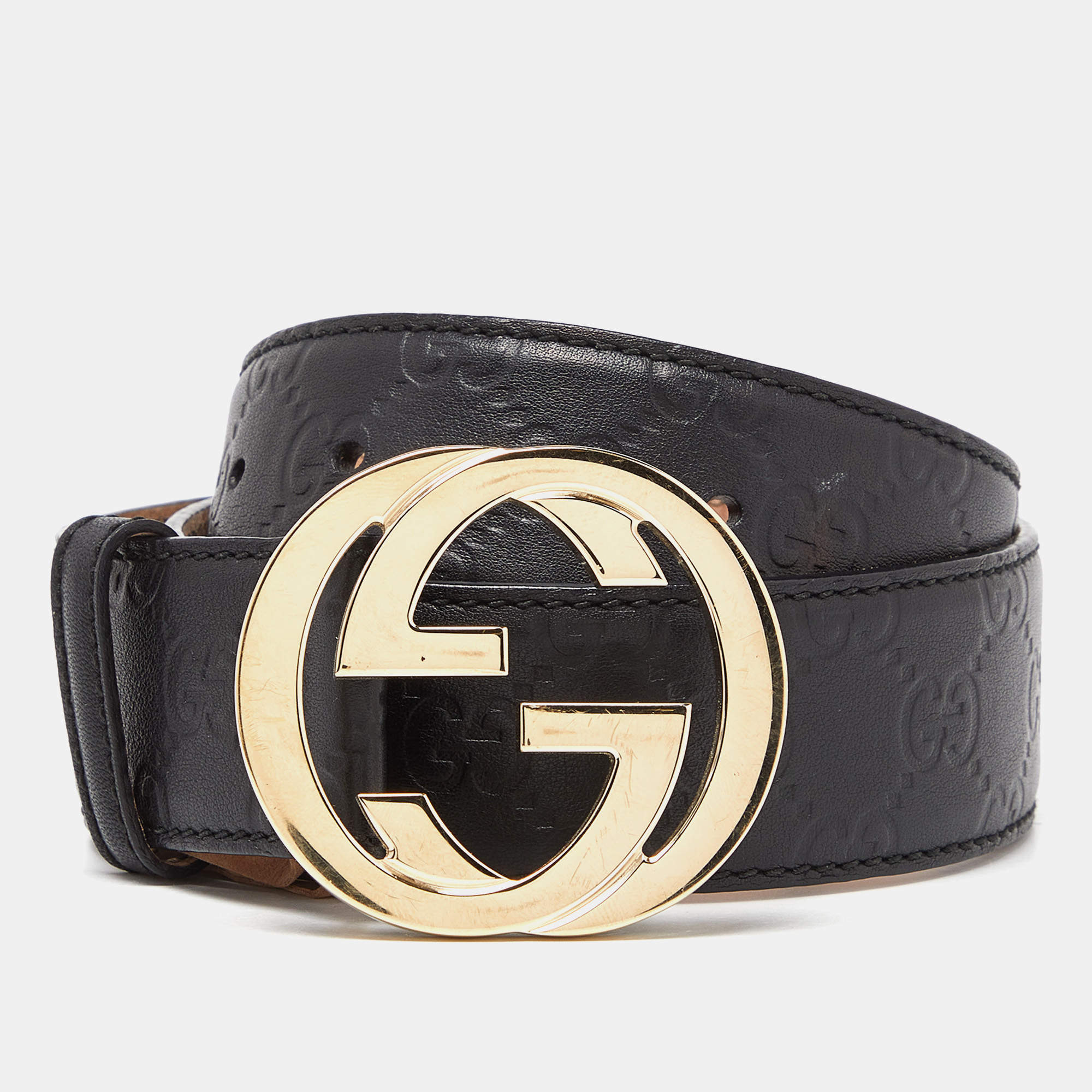 Pre Owned Gucci Black Guccissima Leather Interlocking G Buckle Belt 80CM