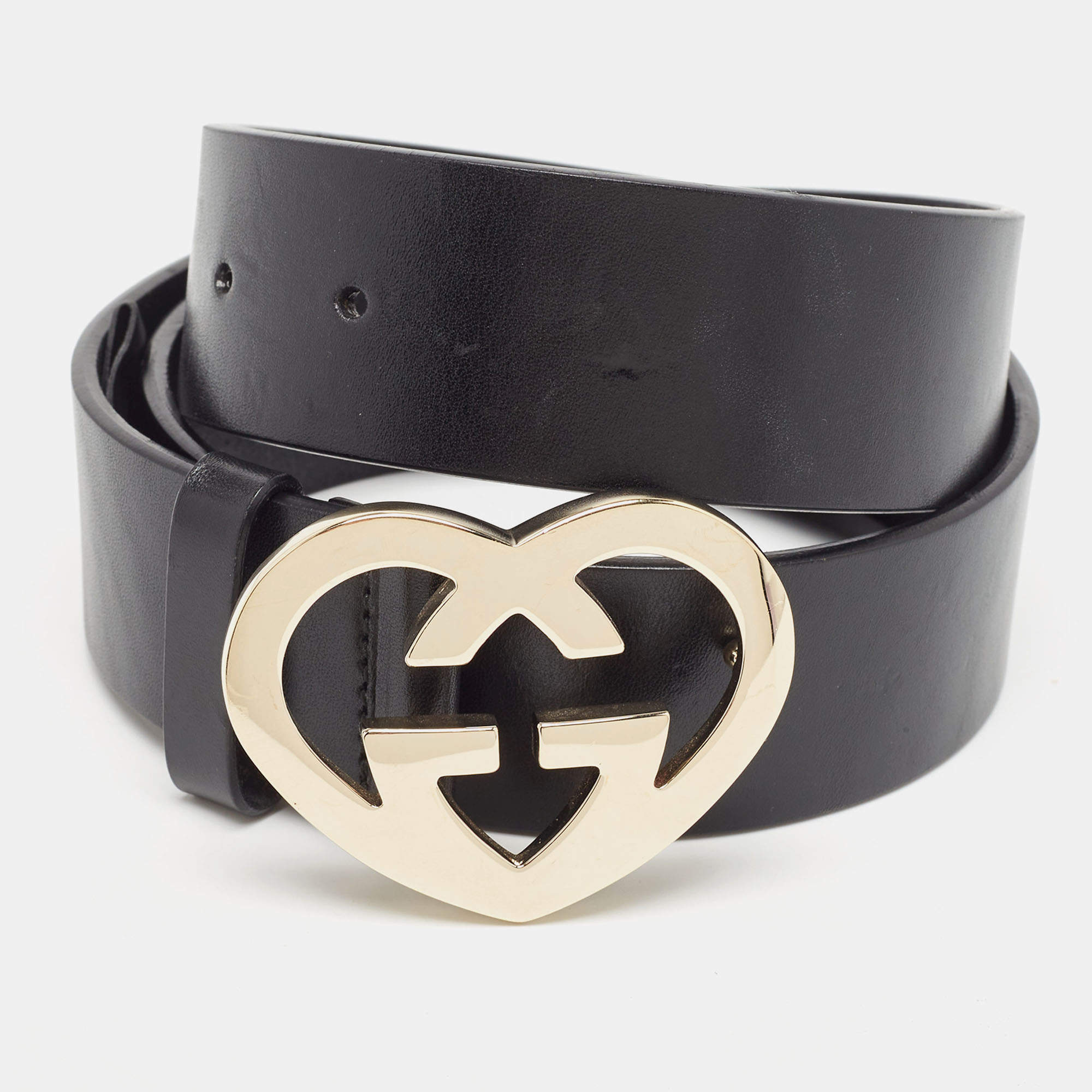 Pre Owned Gucci Black Leather GG Heart Buckle Belt 85CM