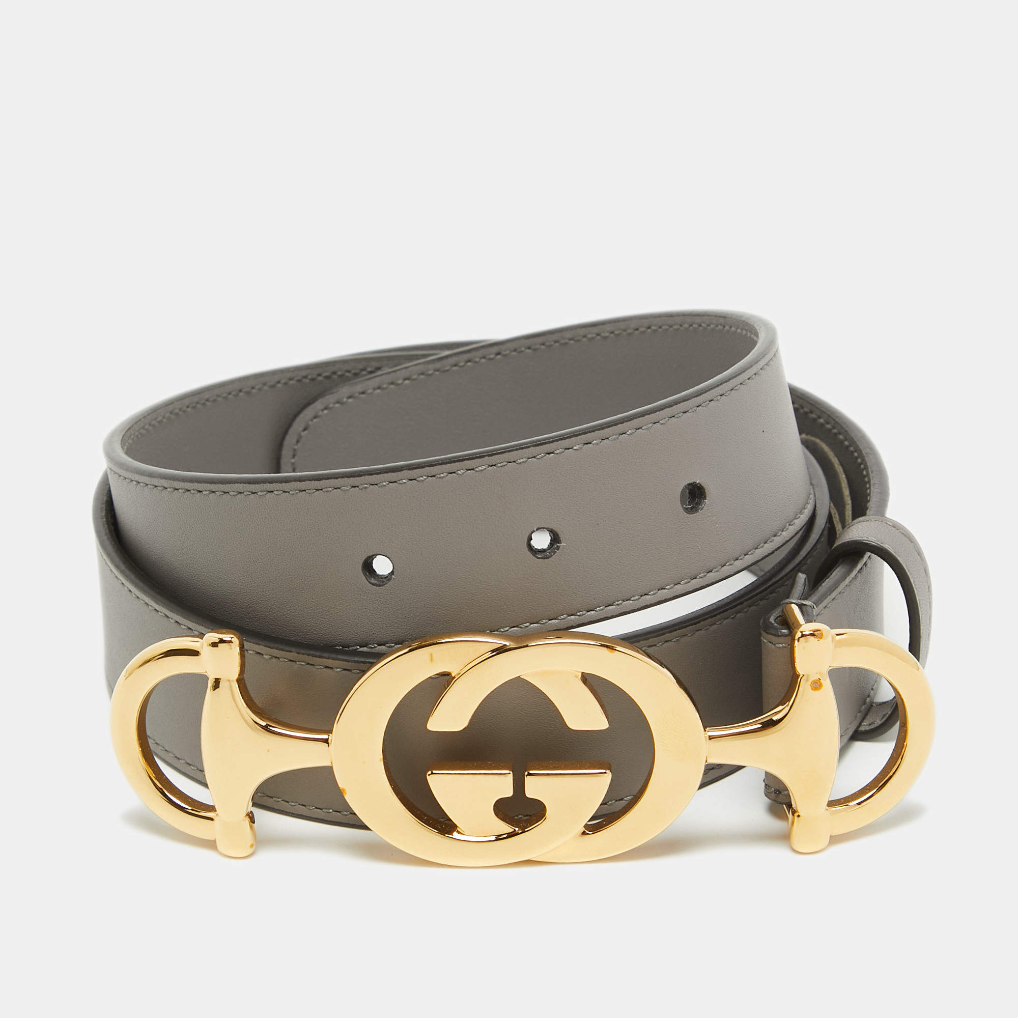 Pre Owned Gucci Grey Leather Zumi Buckle Belt 85 CM