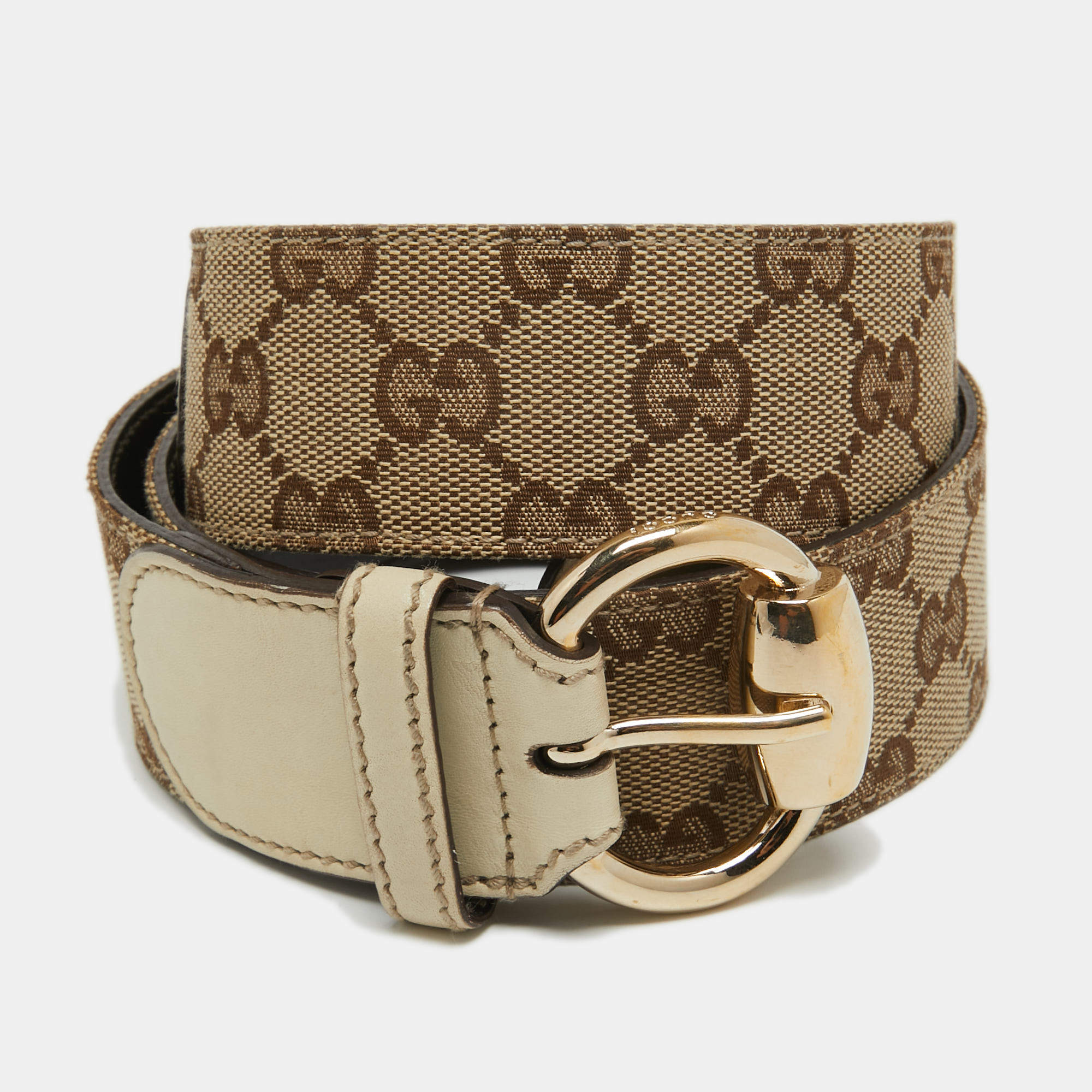 Gucci Beige/Cream GG Canvas and Leather Horsebit Ring Buckle Belt 85 CM