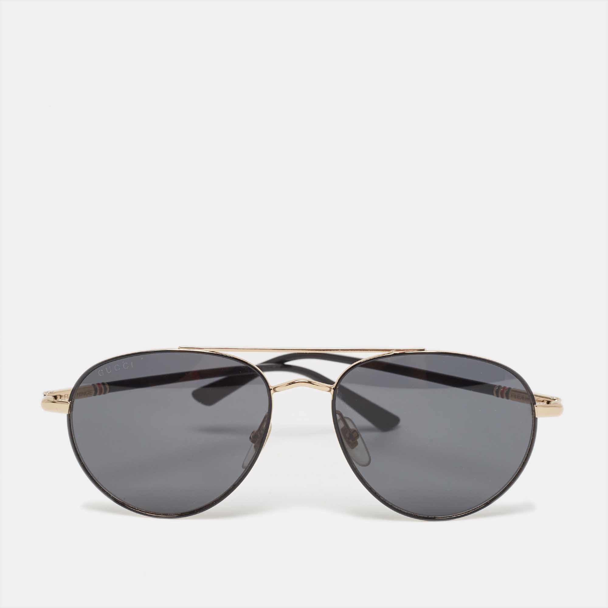 Pre Owned Gucci Black/Gold Web Aviator Sunglasses